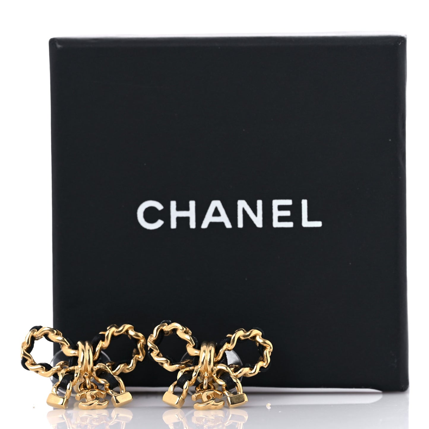 Lambskin Chain Bow Stud Earrings Black Gold