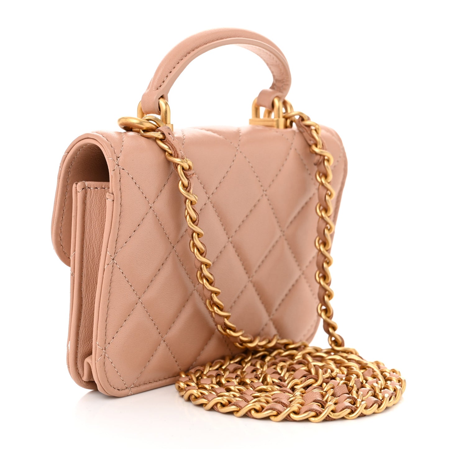 Lambskin Quilted Top Handle Flap Coin Purse With Chain Beige