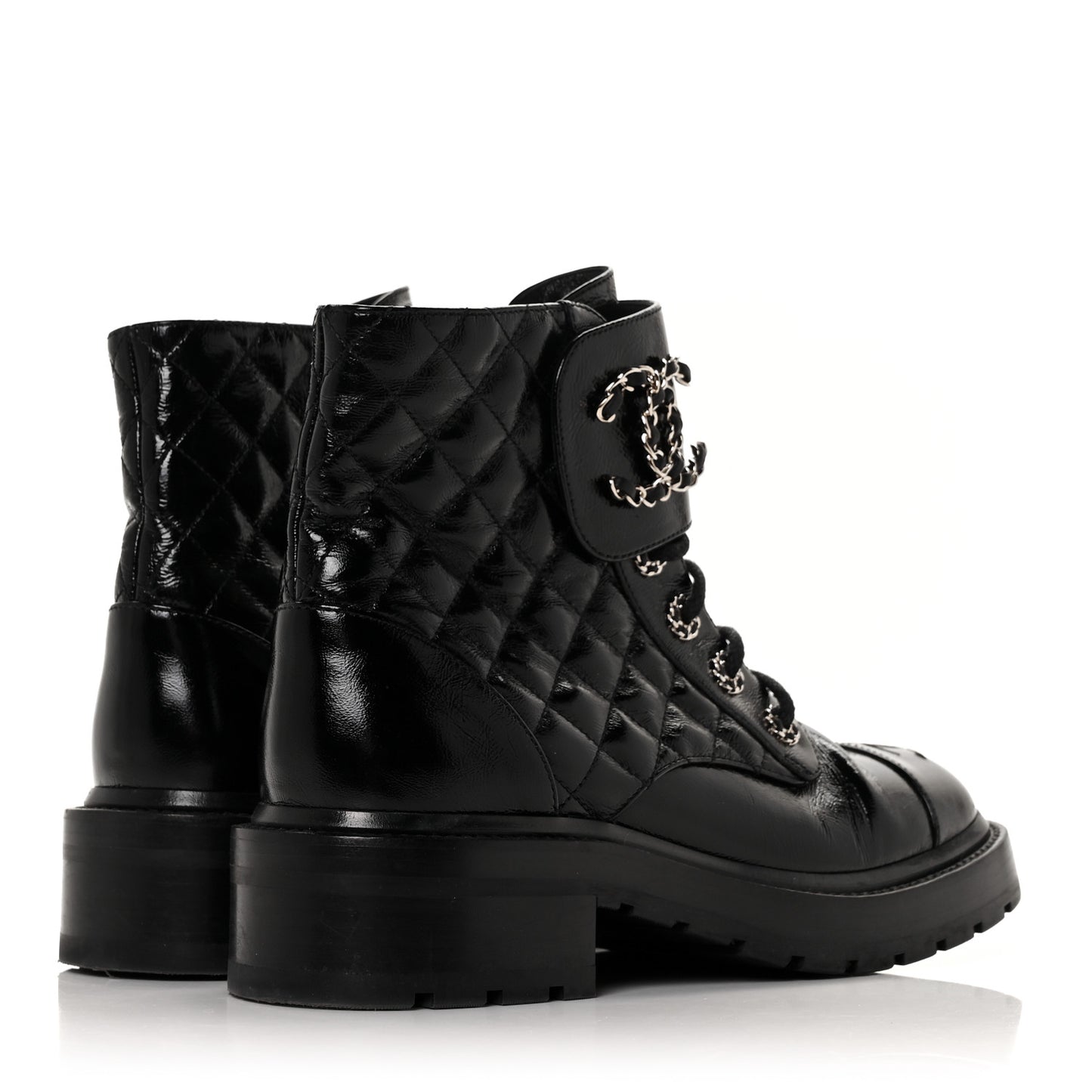 Shiny Calfskin Quilted Lace Up Combat Boots 38 Black