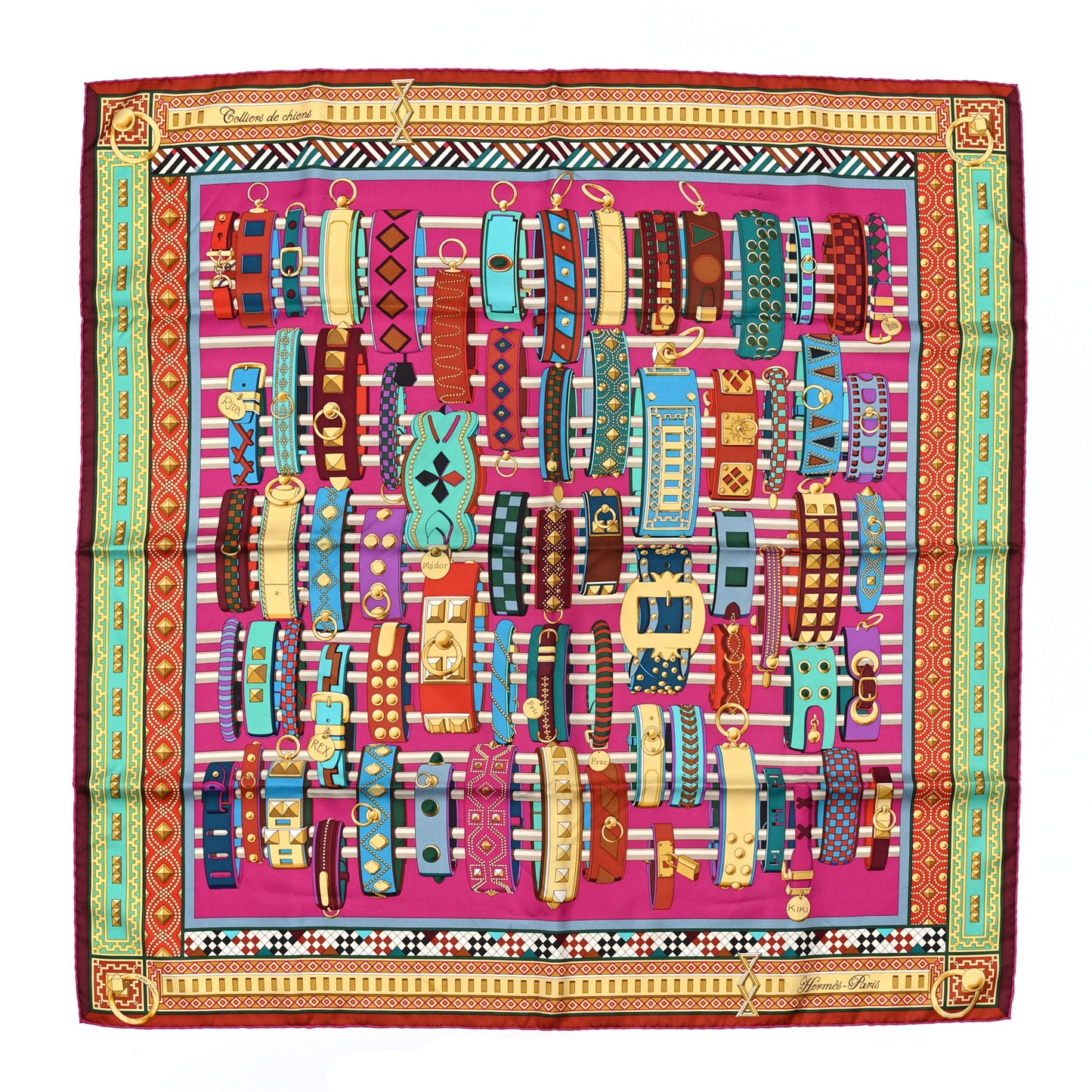 Silk Colliers de Chiens Scarf 90 Fuchsia Turquoise Grenat