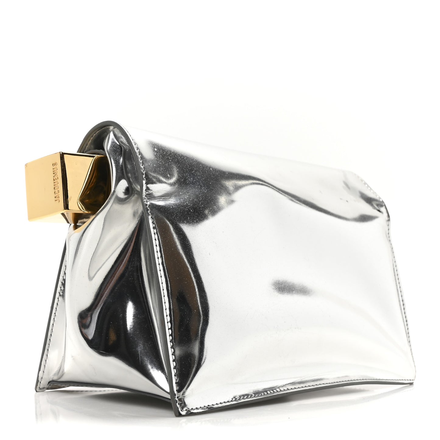 Metallic Patent Calfskin La Pochette Rond Carre Silver