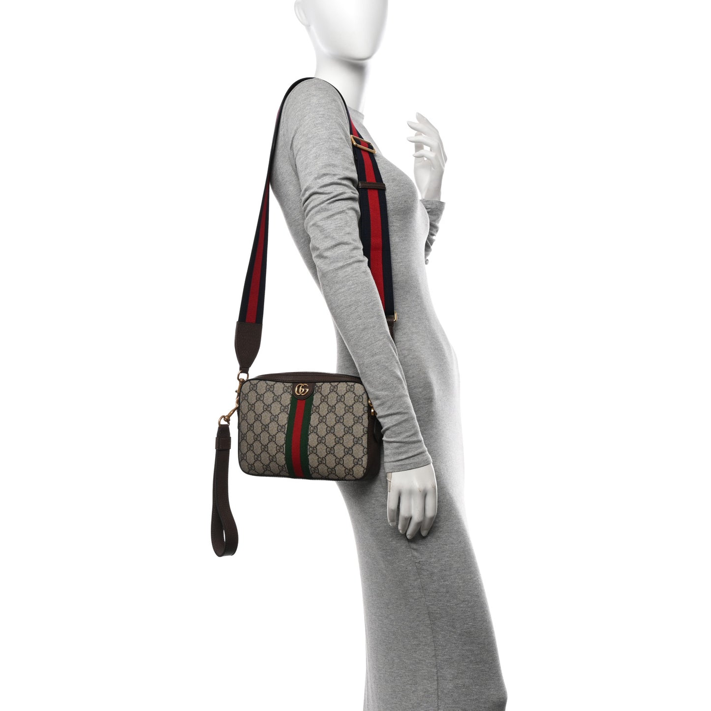 GG Supreme Monogram Textured Dollar Calfskin Web Ophidia Wristlet Shoulder Bag Beige Ebony New Acero