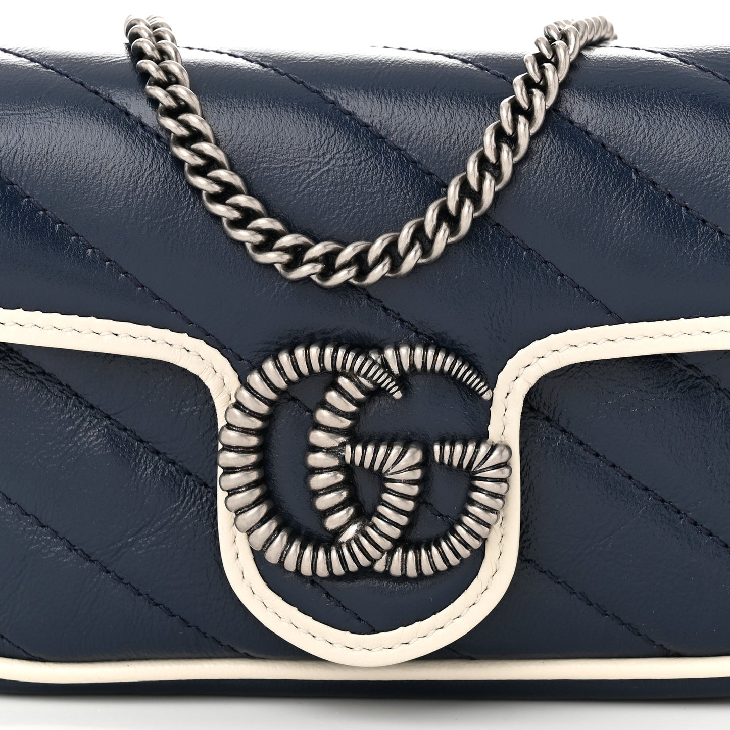 Vintage Effect Calfskin Matelasse Diagonal Super Mini Torchon GG Marmont Shoulder Bag Blue Agata Mystic White