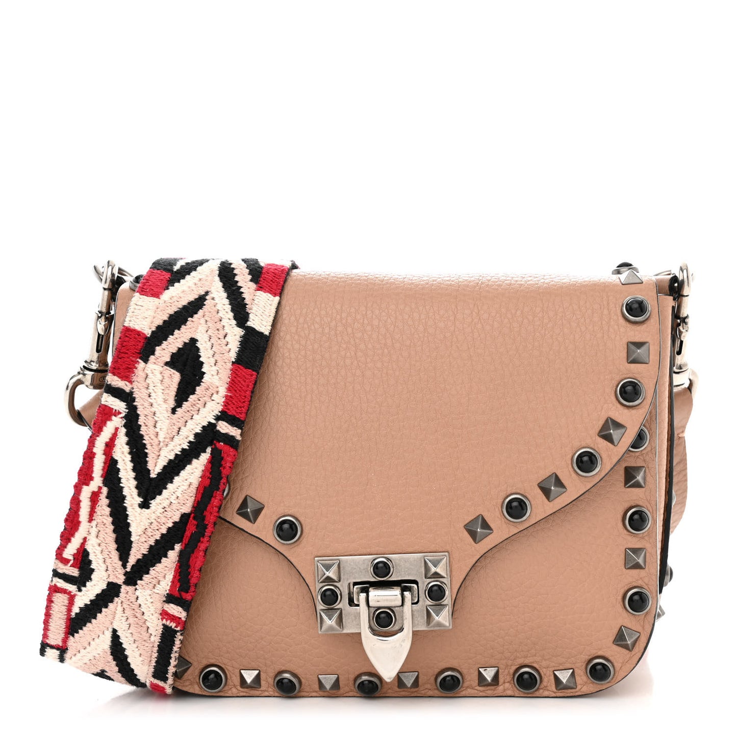 Grained Calfskin Onyx Guitar Strap Rockstud Rolling Shoulder Flap Messenger Bag Soft Noisette