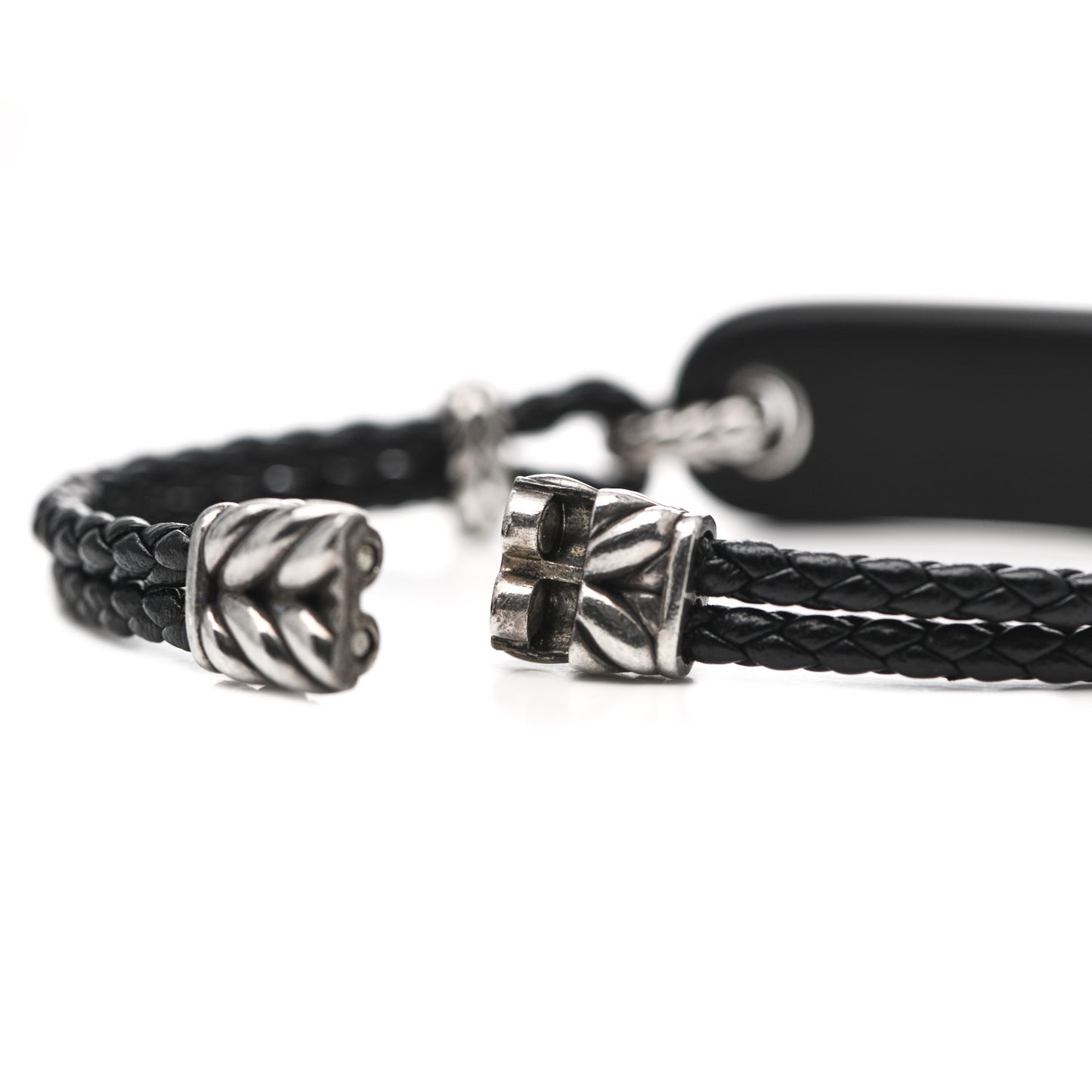 Sterling SIlver Leather Clay Mens Cable ID Bracelet Black