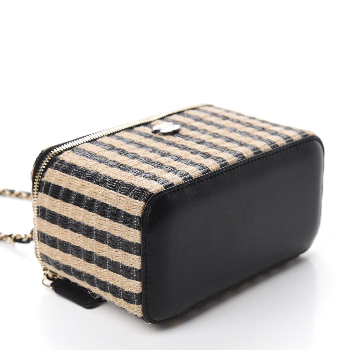 Raffia Jute Striped Small Vanity Case With Chain Black Beige