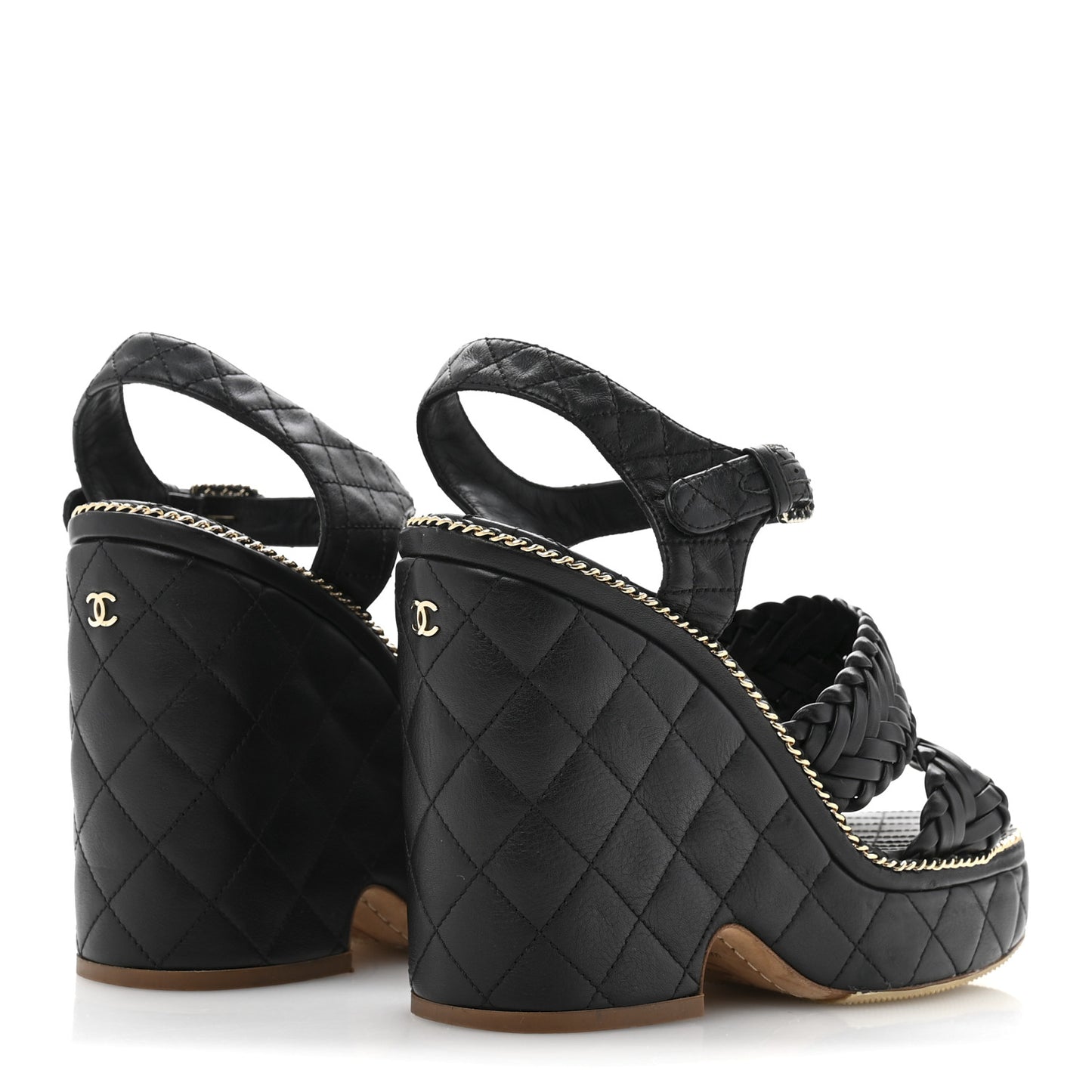 Calfskin Quilted Chain Around Wedge Sandals 37 Black