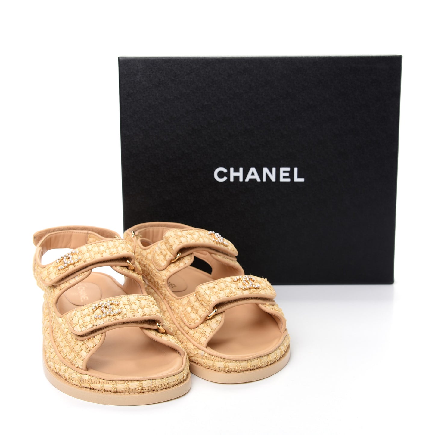 Raffia Pearl Velcro Dad Sandals 37 Beige