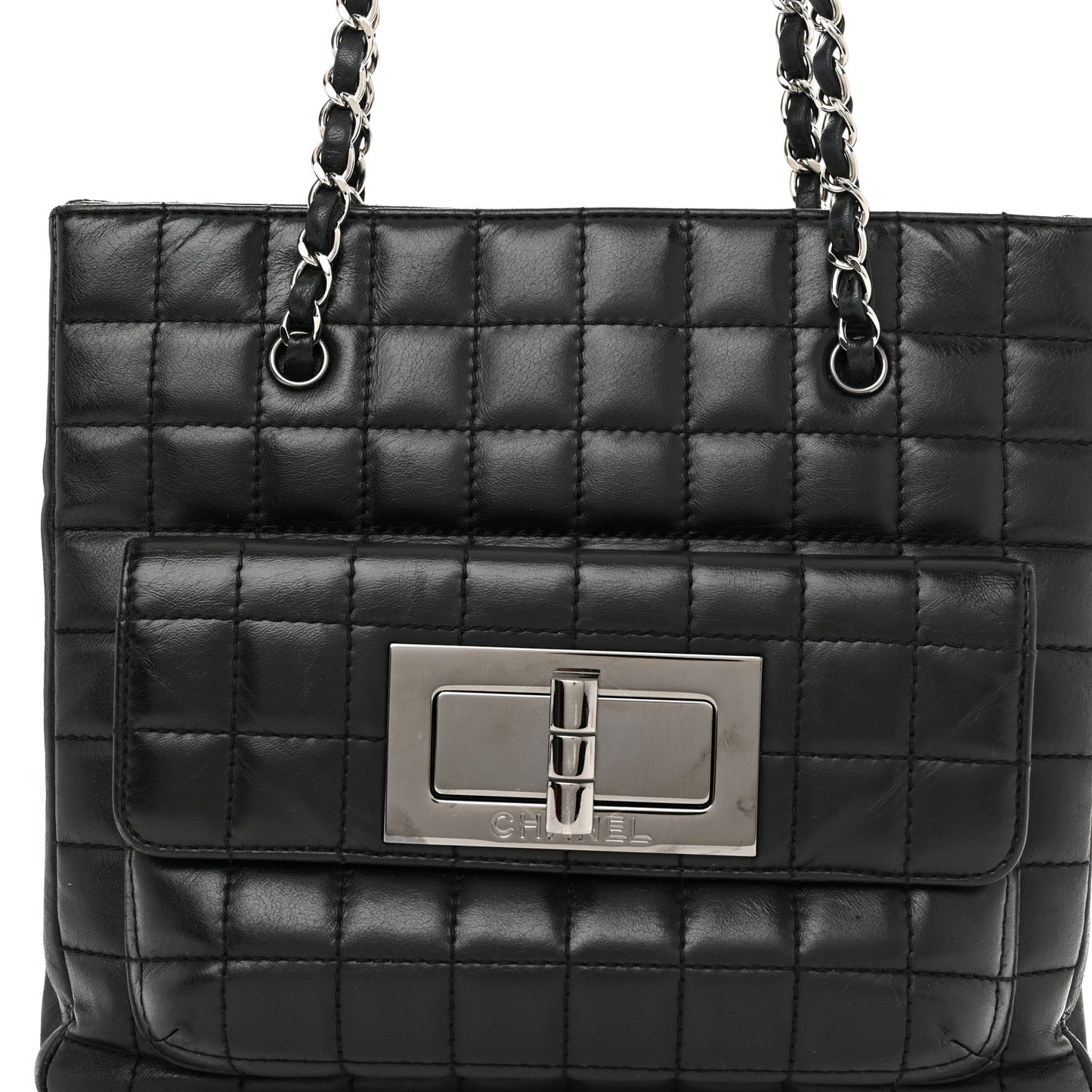 Lambskin Quilted Chocolate Bar Mademoiselle Shoulder Bag Black