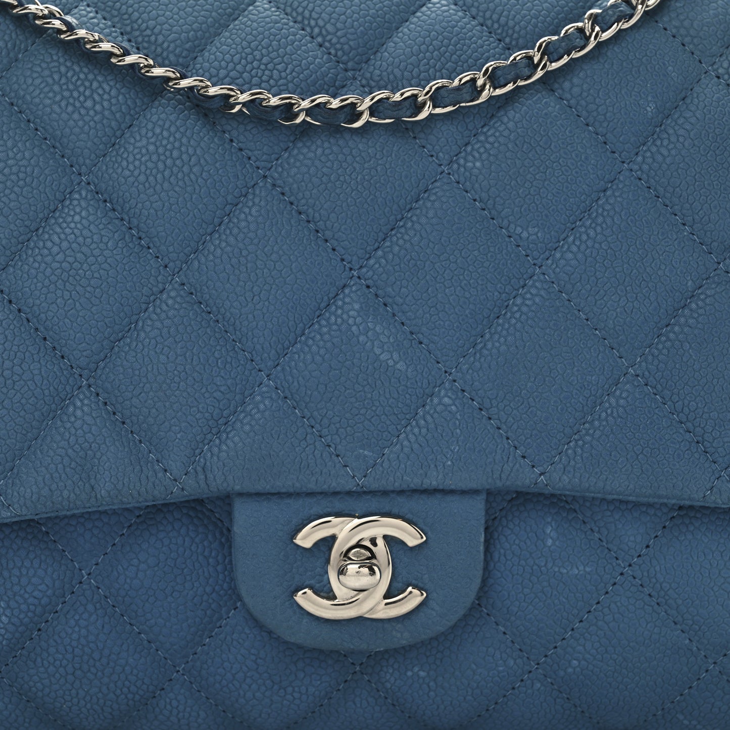 Iridescent Caviar Quilted Clutch With Chain Flap Blue