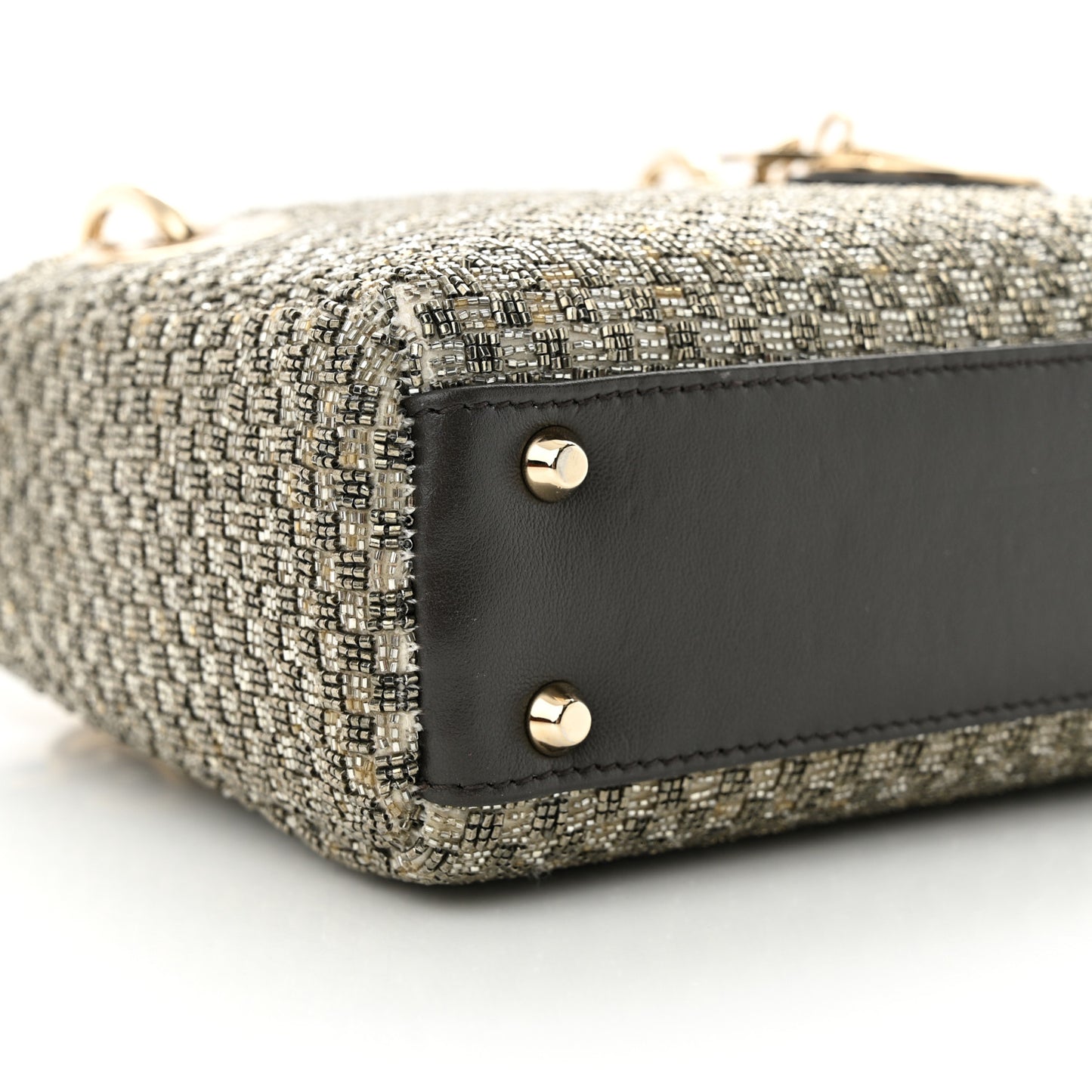 Calfskin Beaded Checkered Mini Lady Dior Grey White