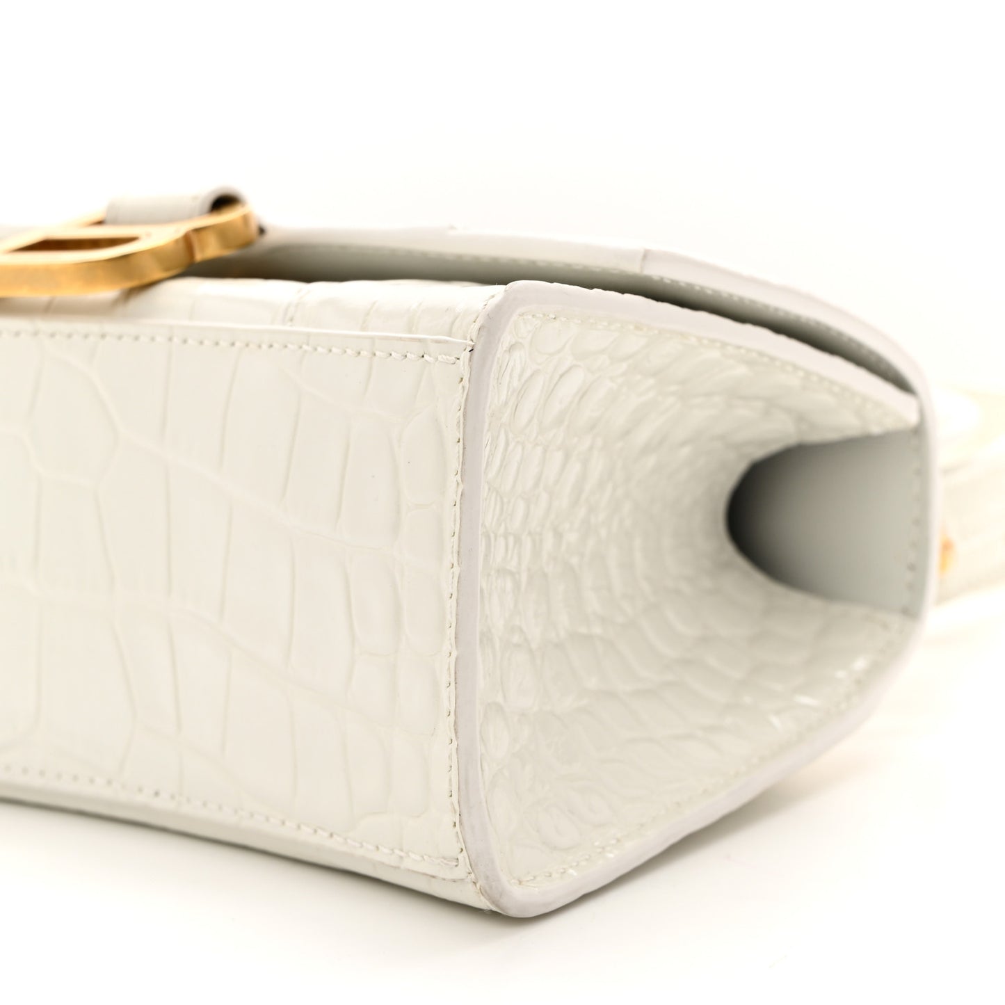 Shiny Calfskin Crocodile Embossed Hourglass Top Handle Bag XS White