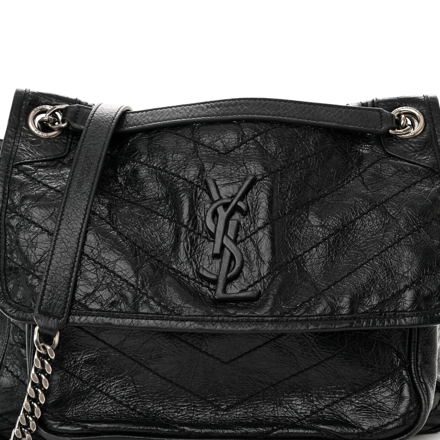 Crinkled Calfskin Matelasse Monogram Medium Niki Chain Satchel Black