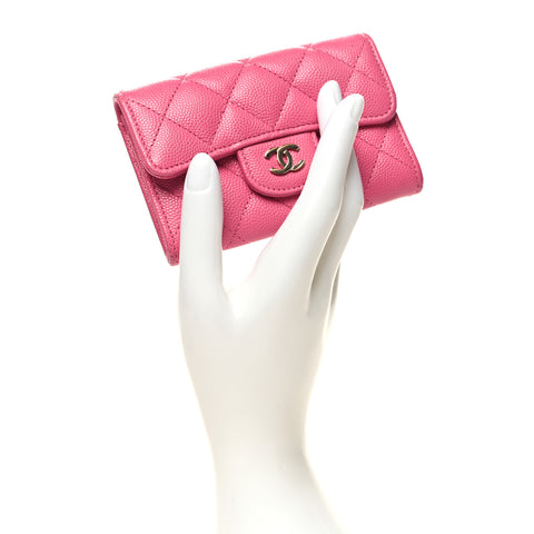 Caviar Quilted Flap Card Holder Wallet Pink