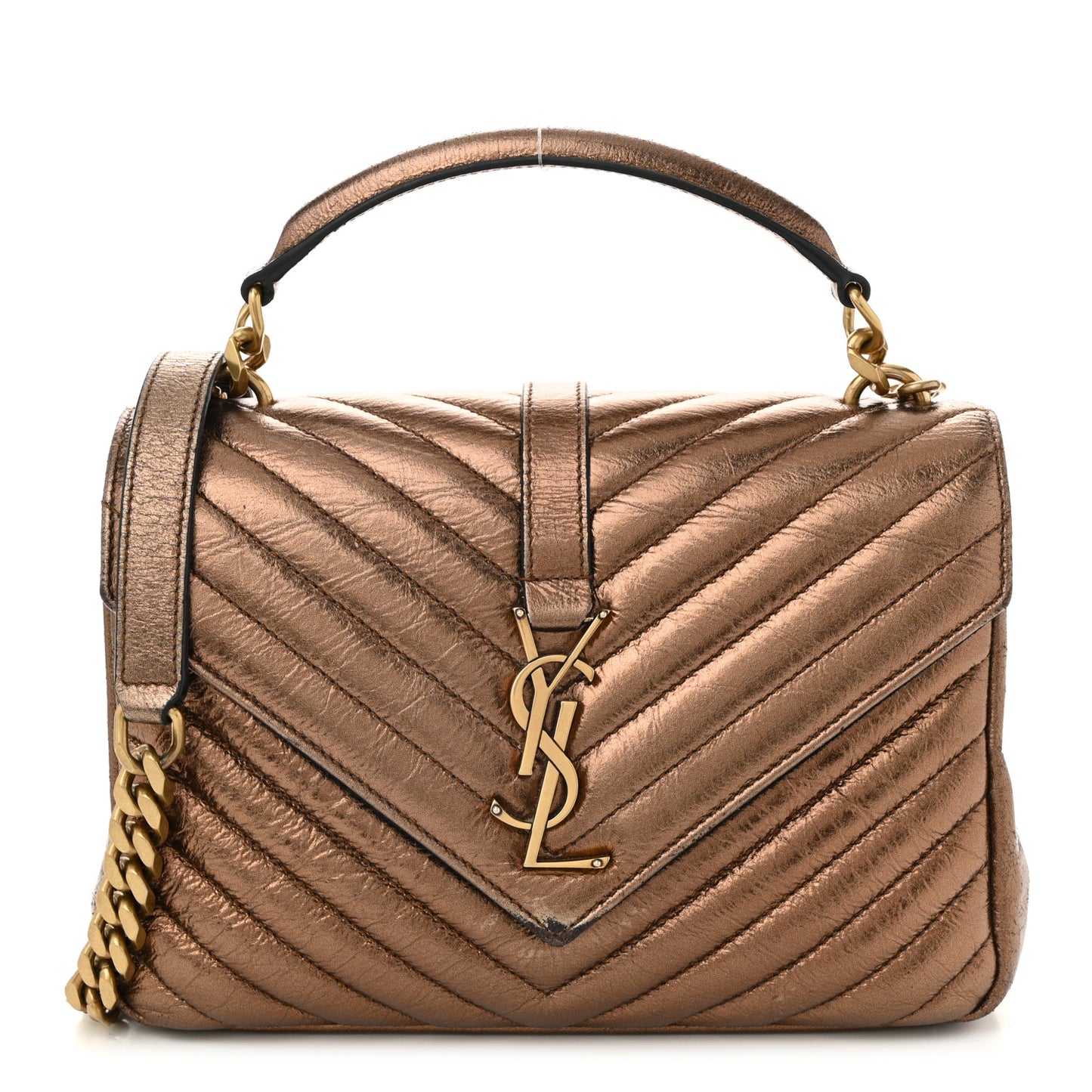 Metallic Calfskin Matelasse Chevron Monogram Medium College Bag Bronze