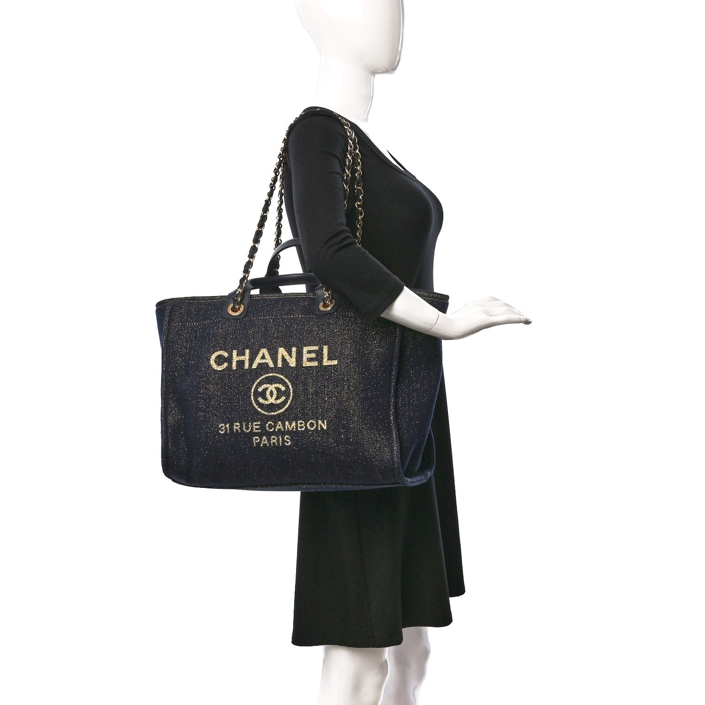 Lurex Canvas Medium Deauville Tote Navy Blue Gold