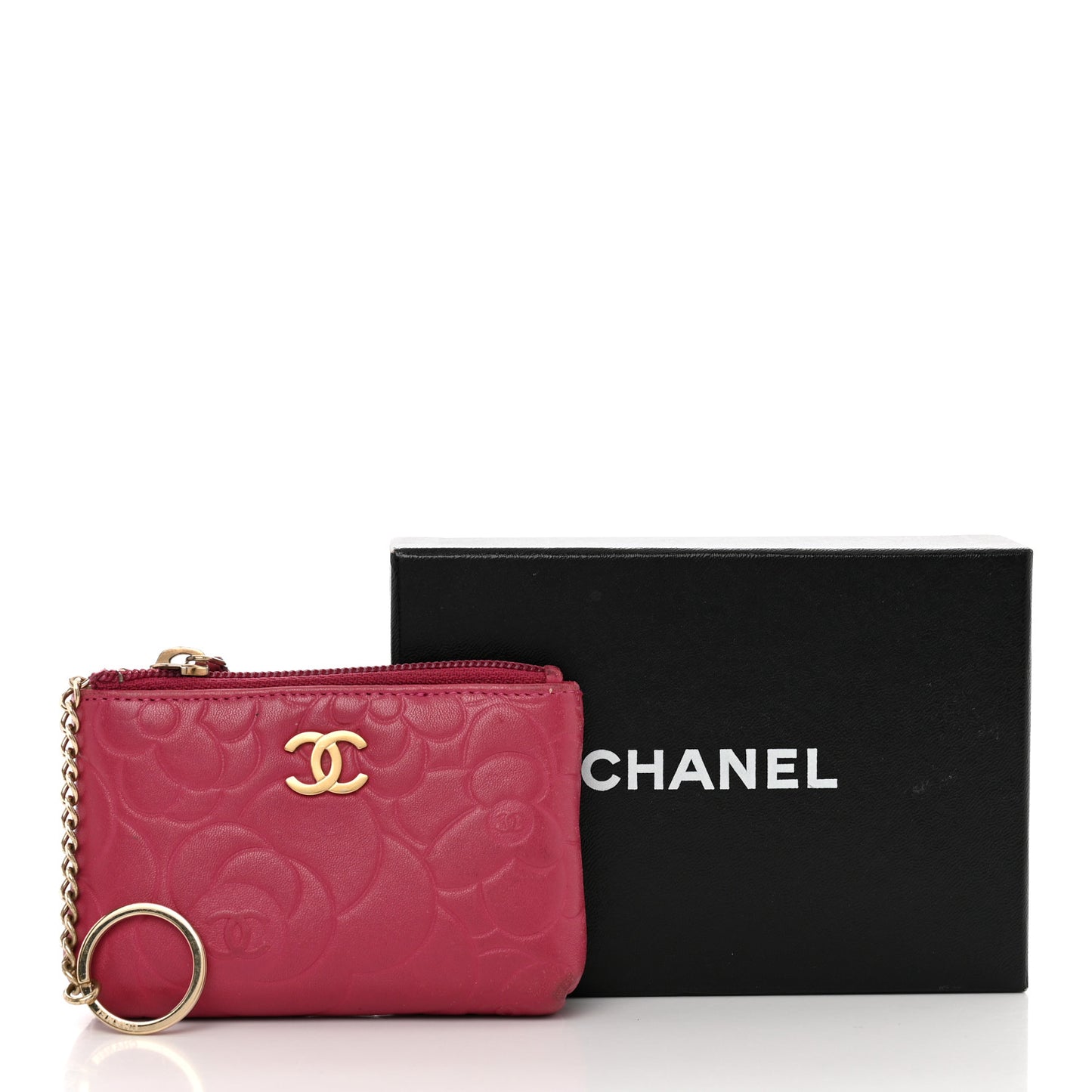 Lambskin Camellia Embossed Key Holder Case Fuchsia