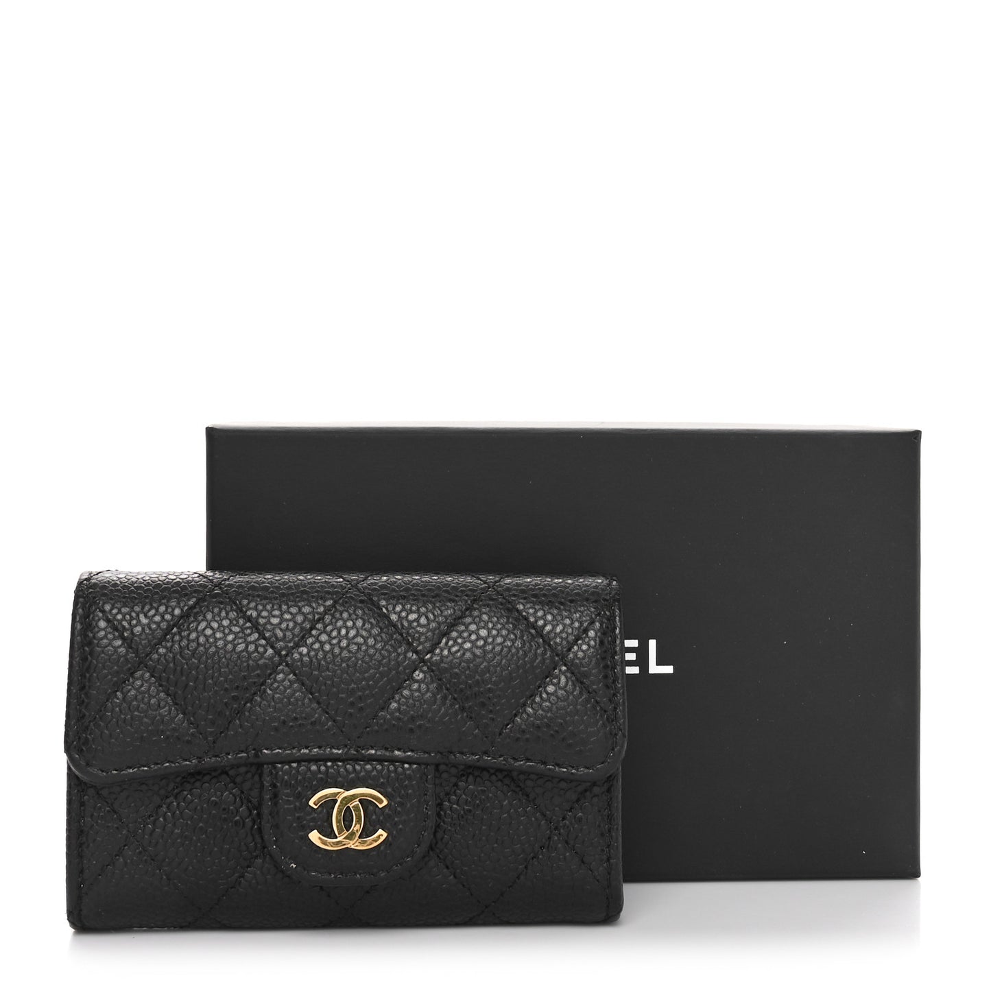 Caviar Quilted Flap Card Holder Wallet Black