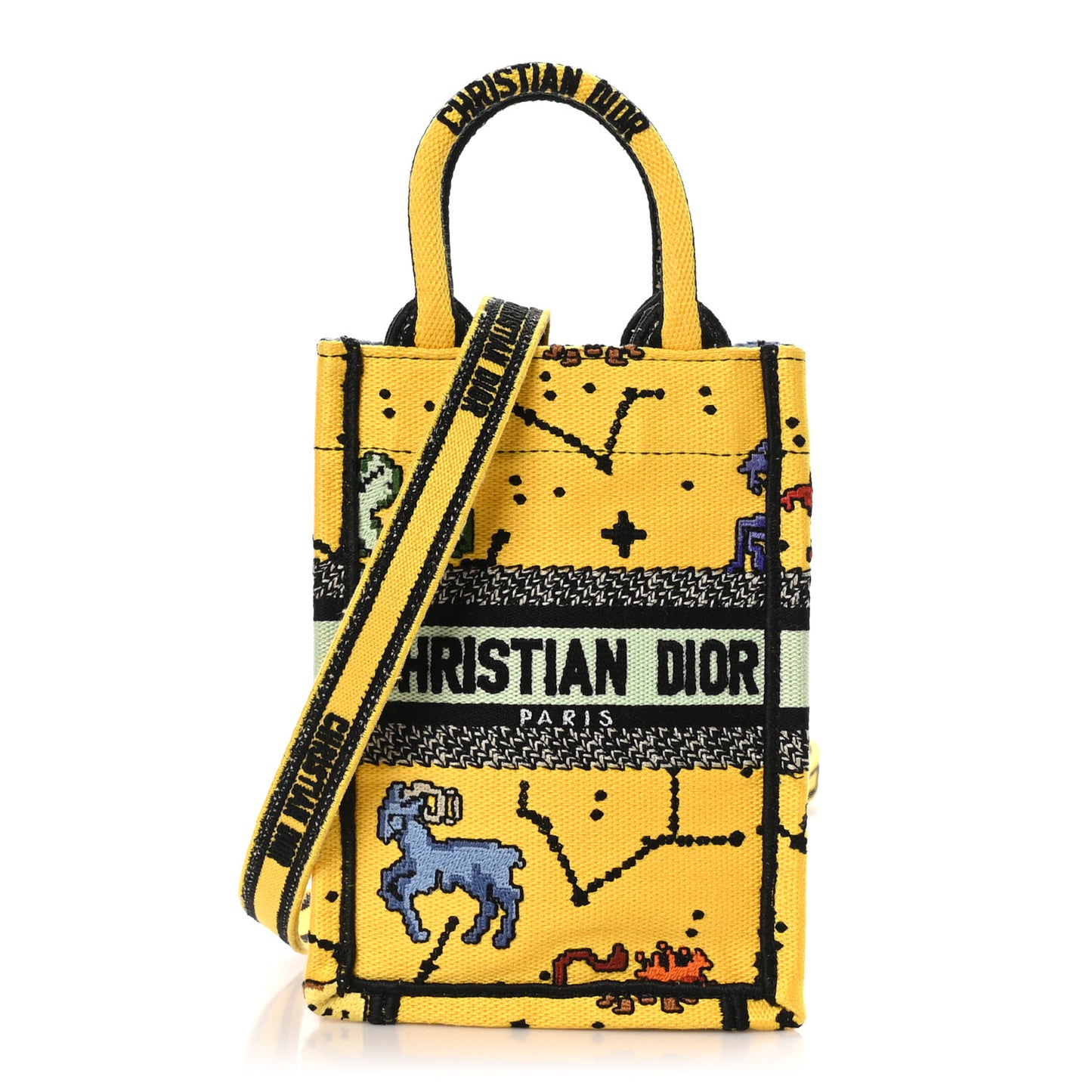 Canvas Embroidered Pixel Zodiac Mini Book Tote Phone Bag Jaune Multicolor