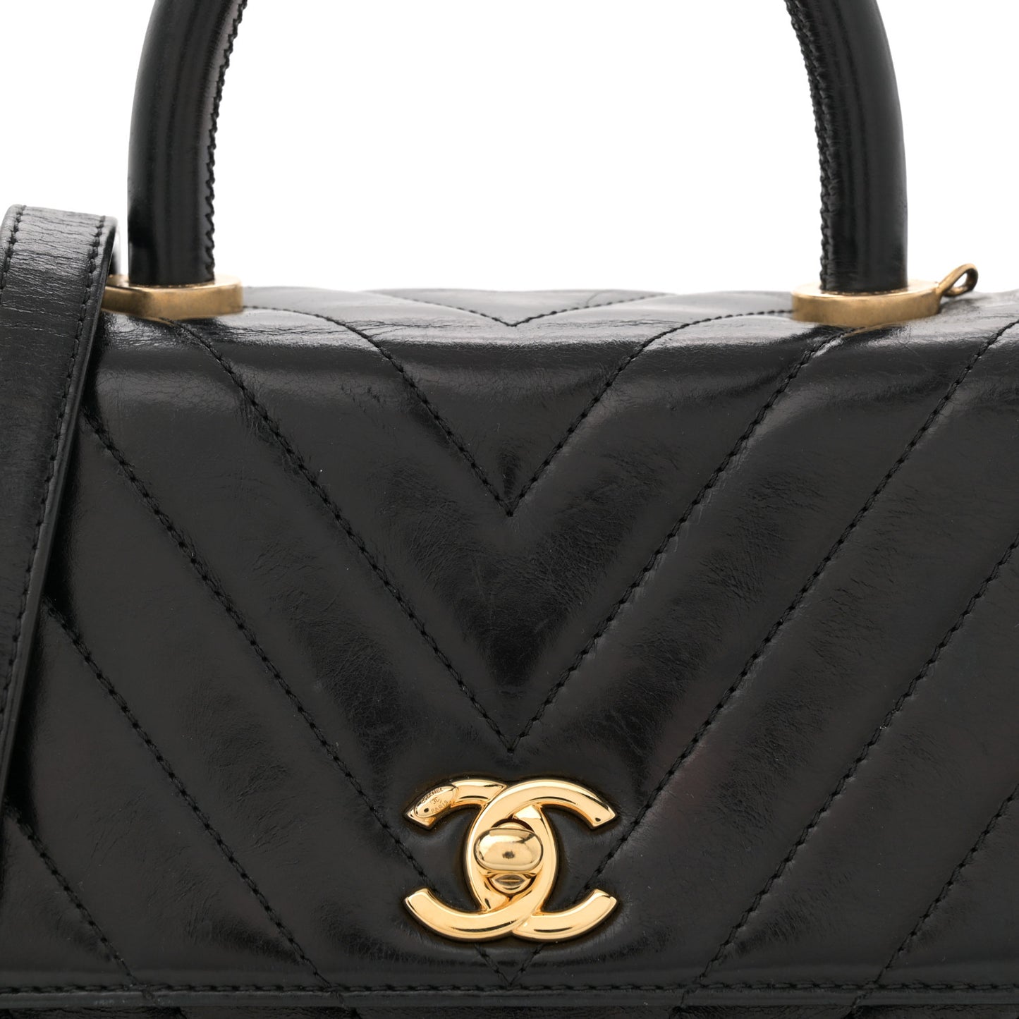 Aged Calfskin Chevron Quilted Mini Coco Handle Flap Black