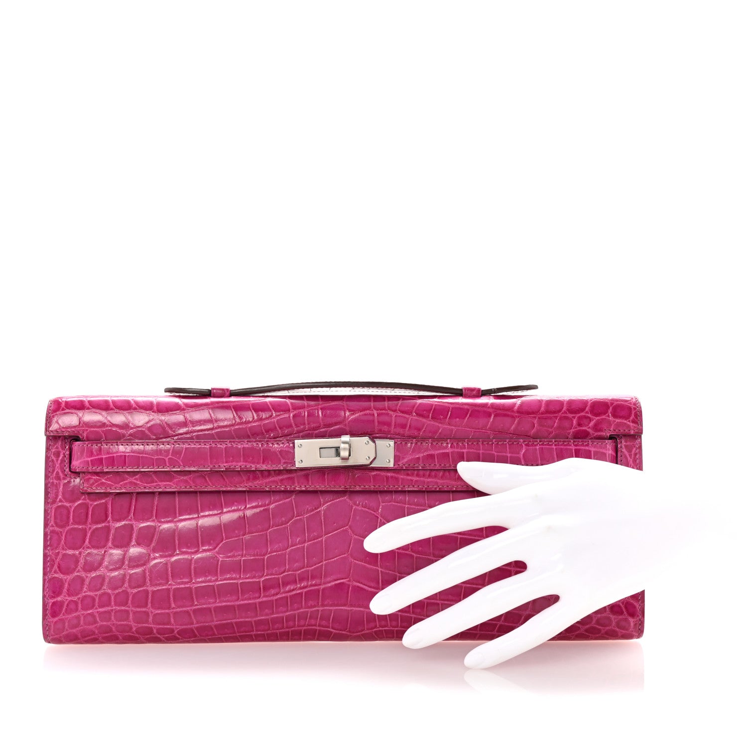 Hermes Shiny Niloticus Crocodile Kelly Cut Pochette Rose Scheherazade 2 of 7