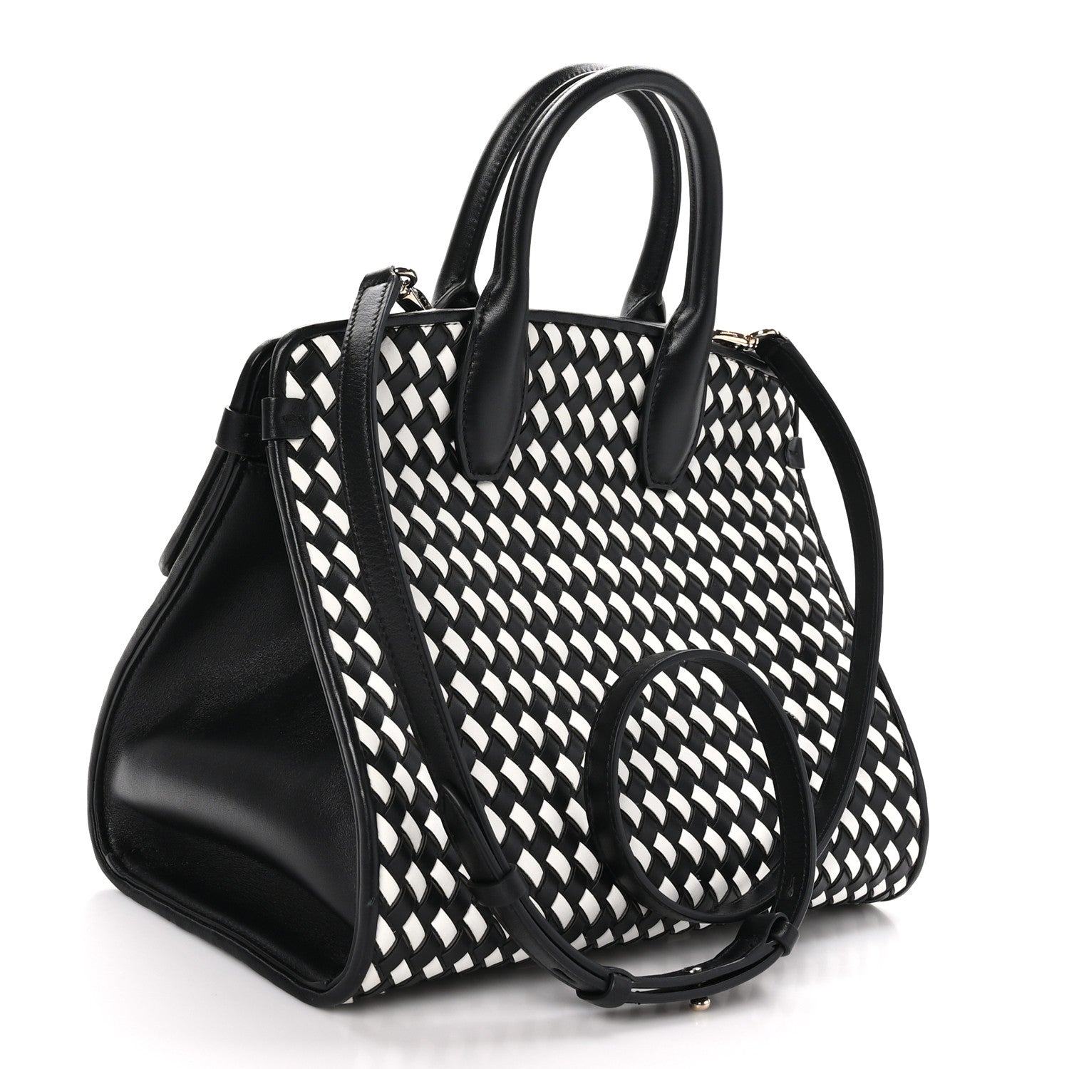 Salvatore Ferragamo Woven Calfskin Medium Studio Top Handle Bag Black White 3 of 9