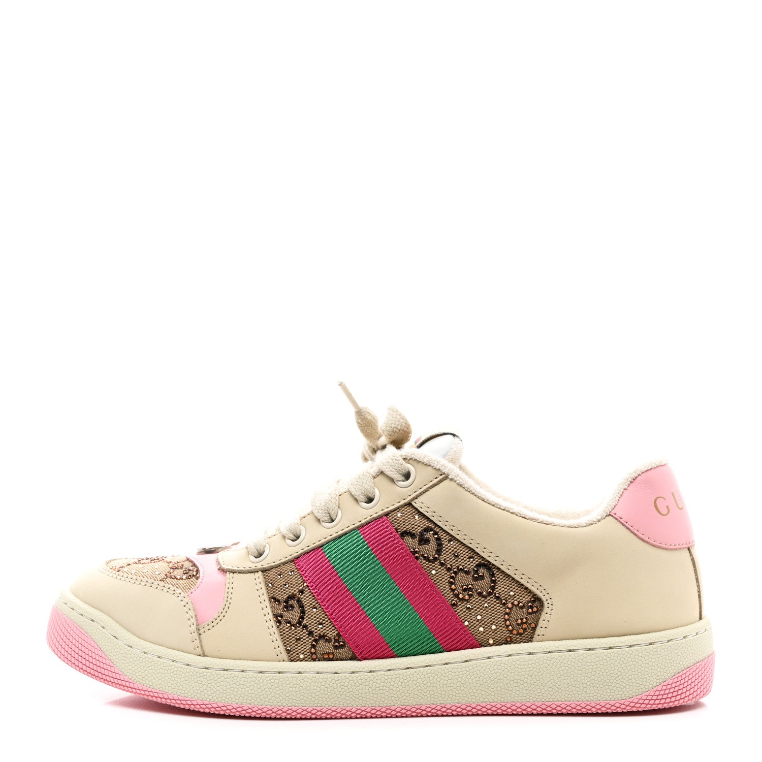 Gucci Calfskin GG Supreme Crystals Web Screener Sneakers 38.5 Beige Ebony Wild Rose 1 of 9