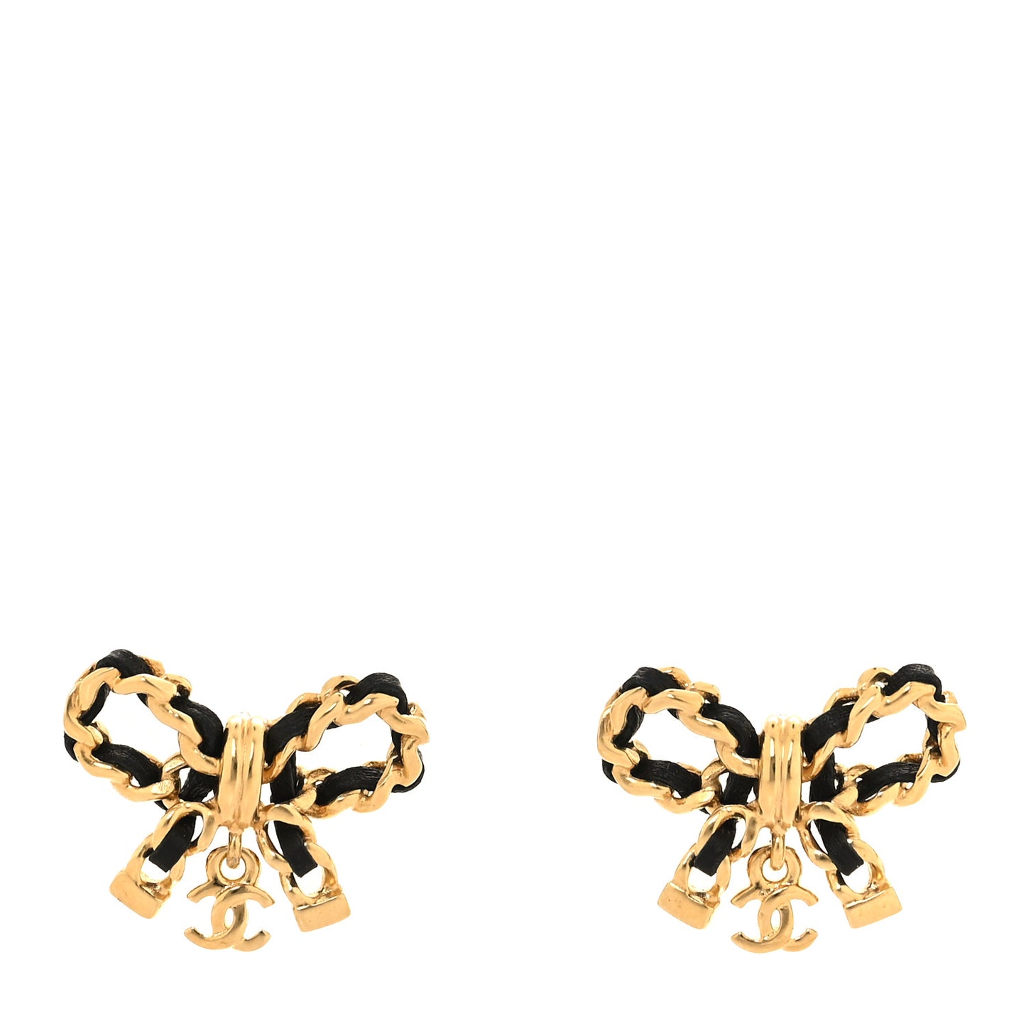 Lambskin Chain Bow Stud Earrings Black Gold