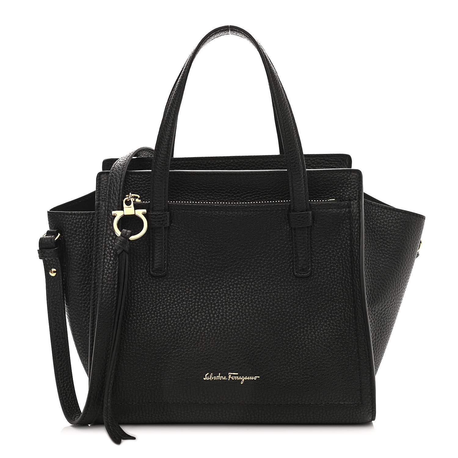 Salvatore Ferragamo Hammered Calfskin Double Handle Small Amy Tote Black 1 of 11