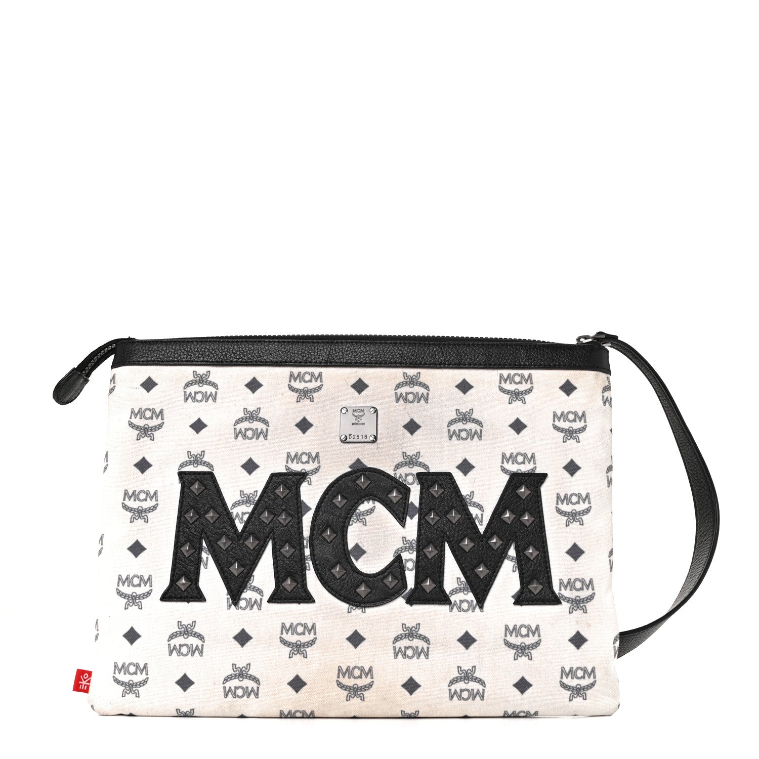 MCM ロゴプリント バッグ MCM X Ekocycle Visetos Wristlet Pouch White Black 1012070