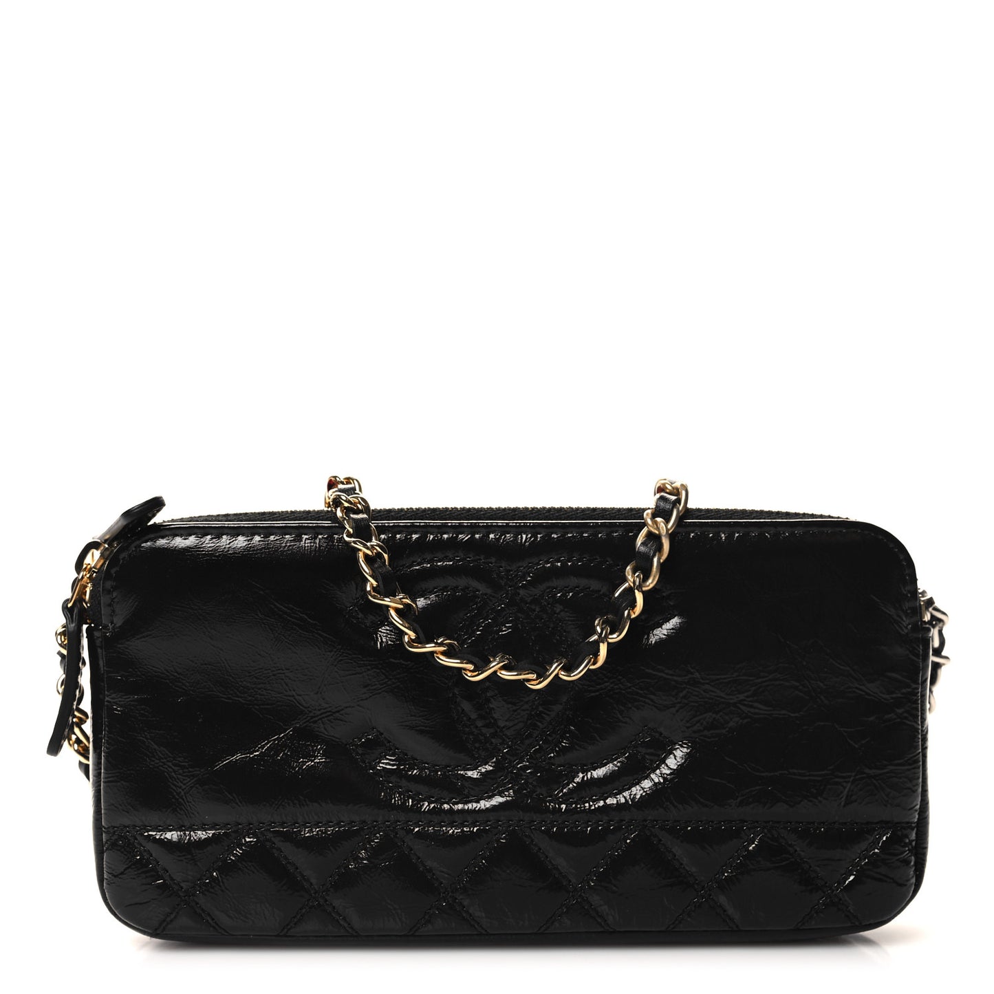Glazed Aged Calfskin Quilted CC Small Clutch With Chain Black