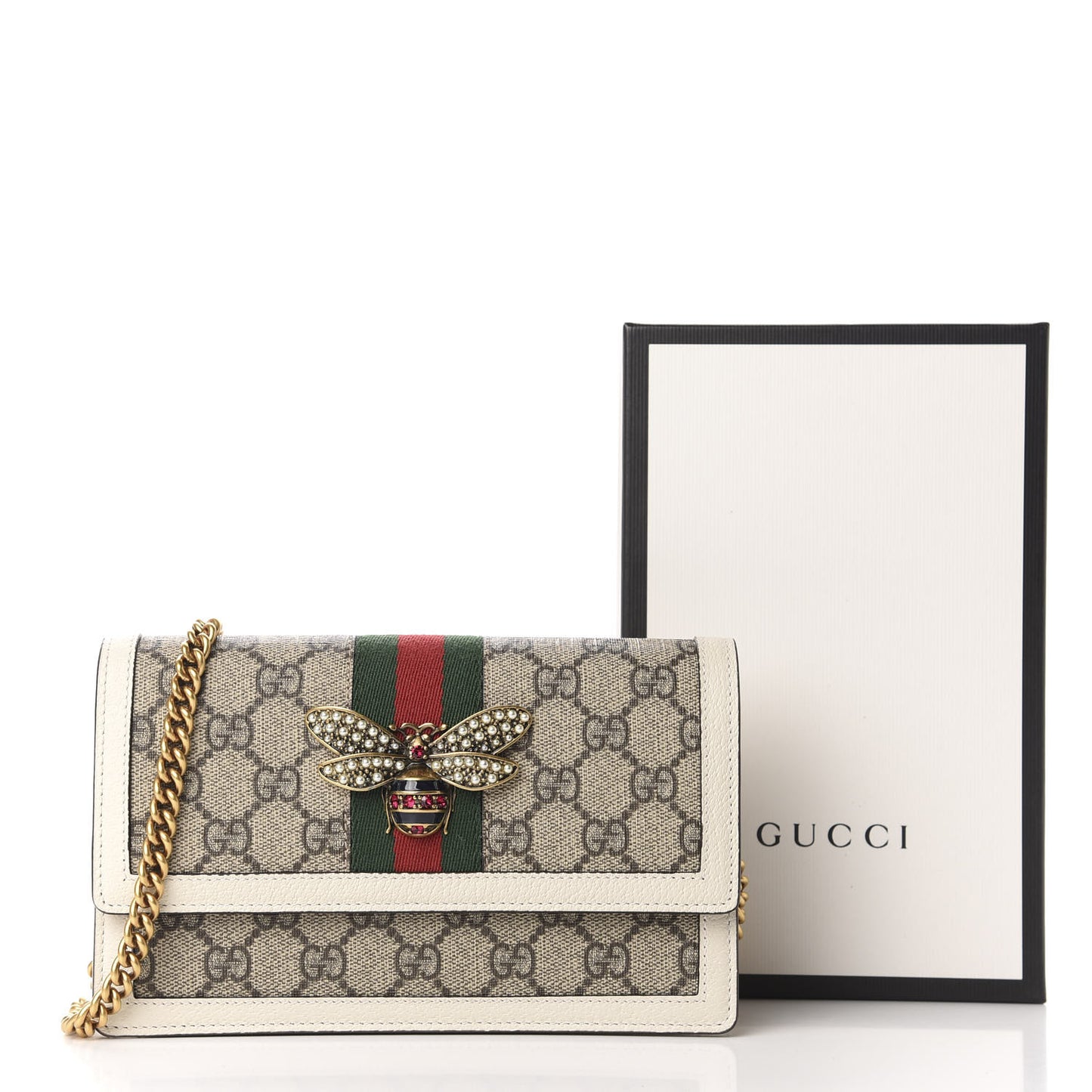 GG Supreme Monogram Web Queen Margaret Chain Wallet White