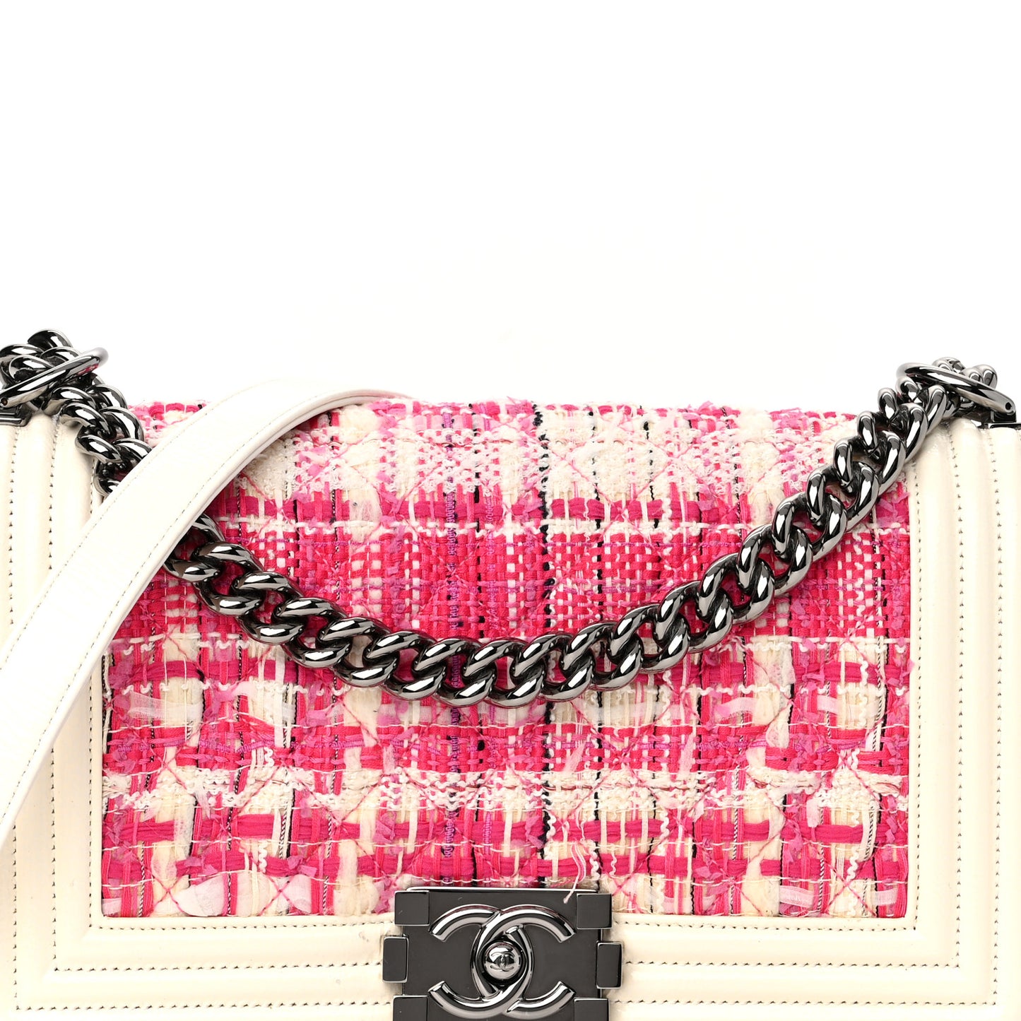 Patent Tweed Medium Boy Flap White