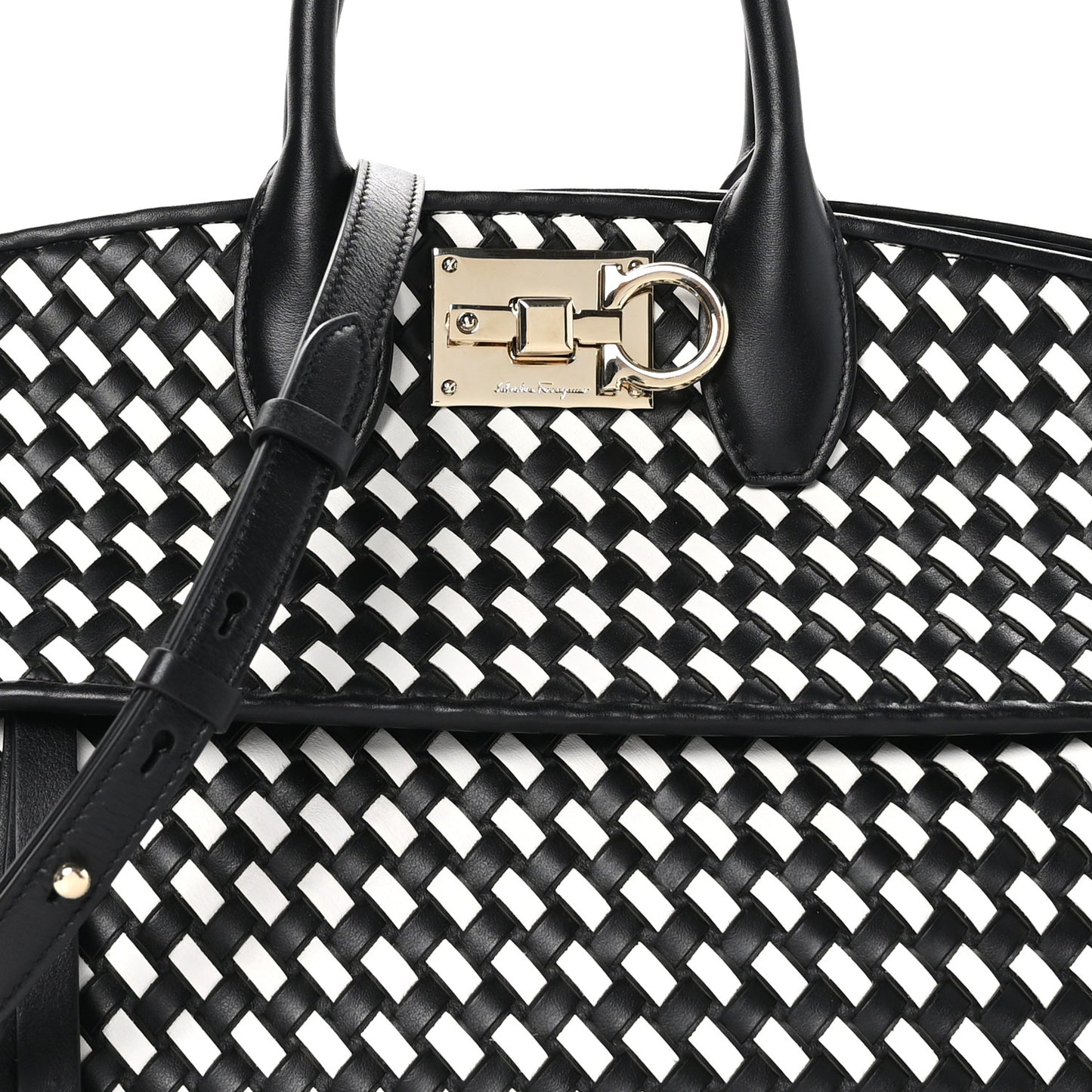 Woven Calfskin Medium Studio Top Handle Bag Black White