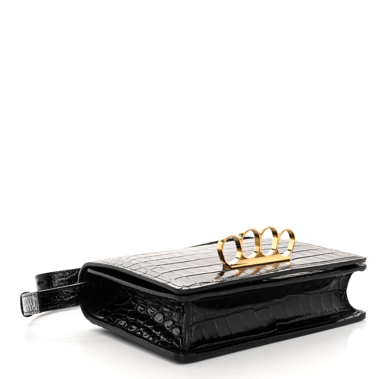 ALEXANDER MCQUEEN Calfskin Crocodile Embossed Four Ring Knuckle Crossbody Bag Black