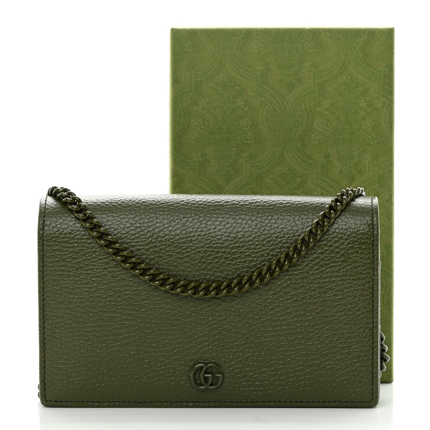 Dollar Calfskin Enamel Monochrome Mini GG Marmont Chain Wallet Military Wood