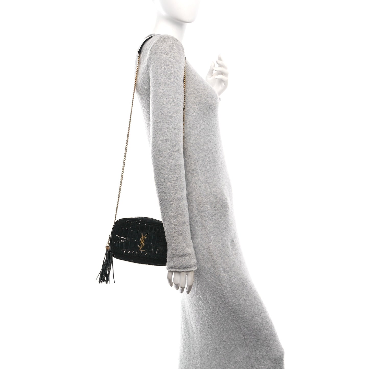 Patent Calfskin Crocodile Embossed Monogram Mini Lou Camera Bag Black