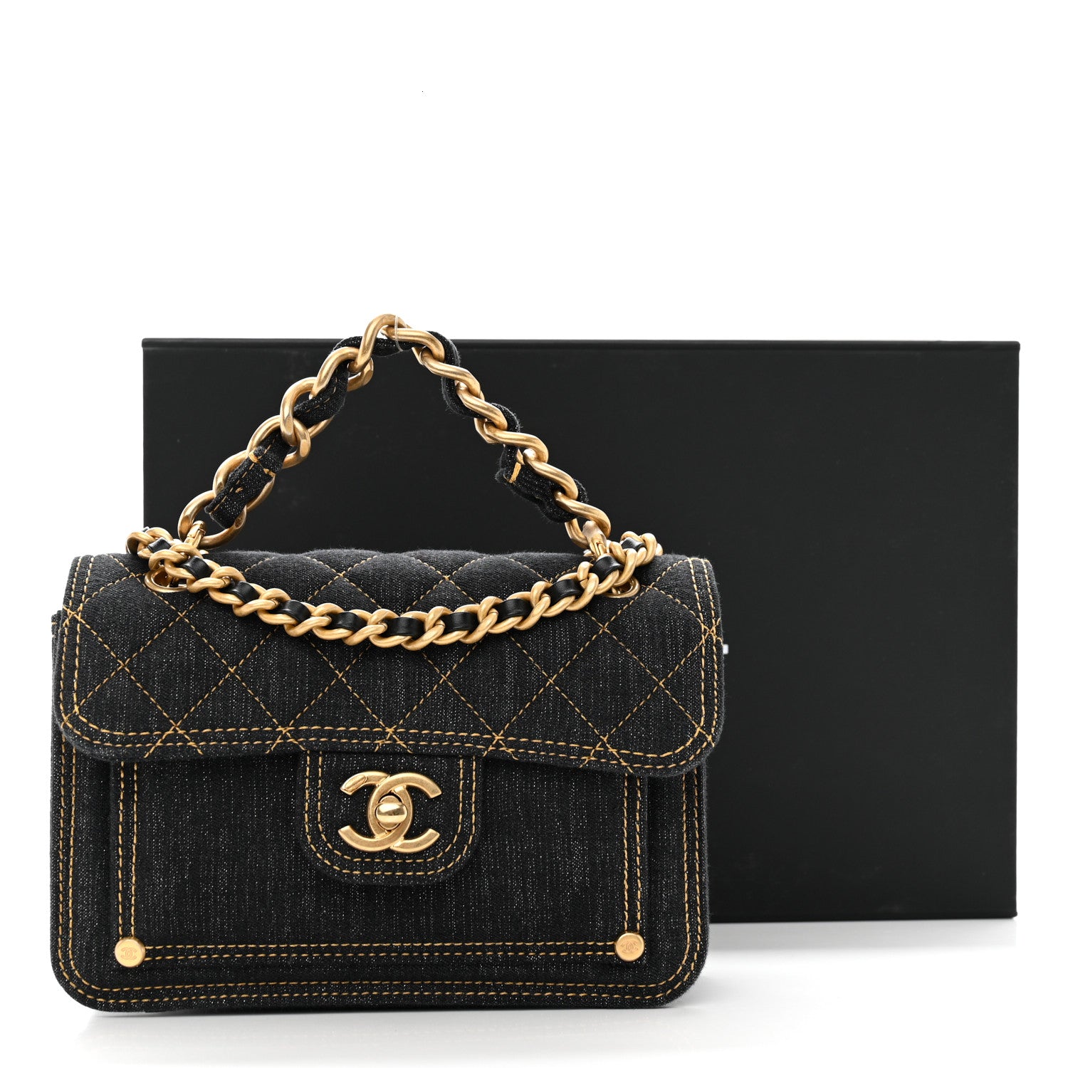 Chanel Denim Quilted Double You Mini Flap Black Golden 11 of 11