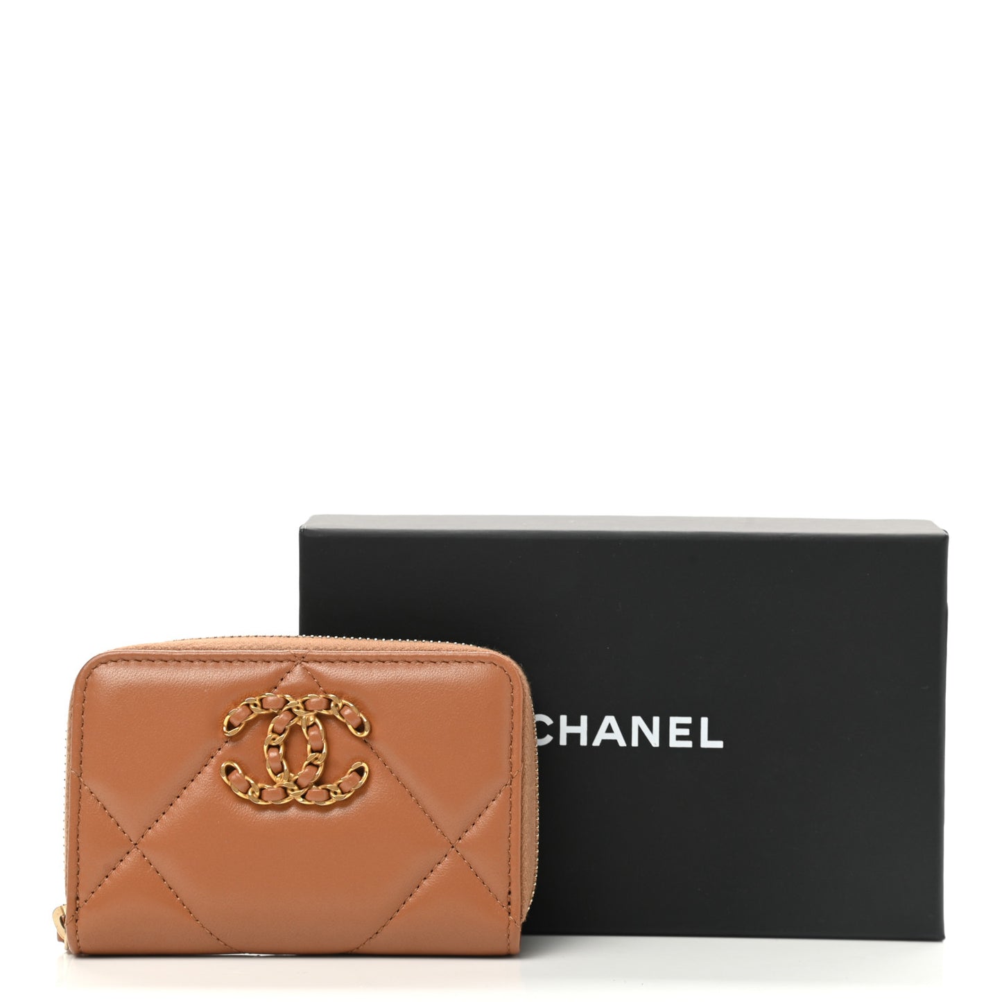 Lambskin Quilted Chanel 19 Zip Around Coin Purse Wallet Brown