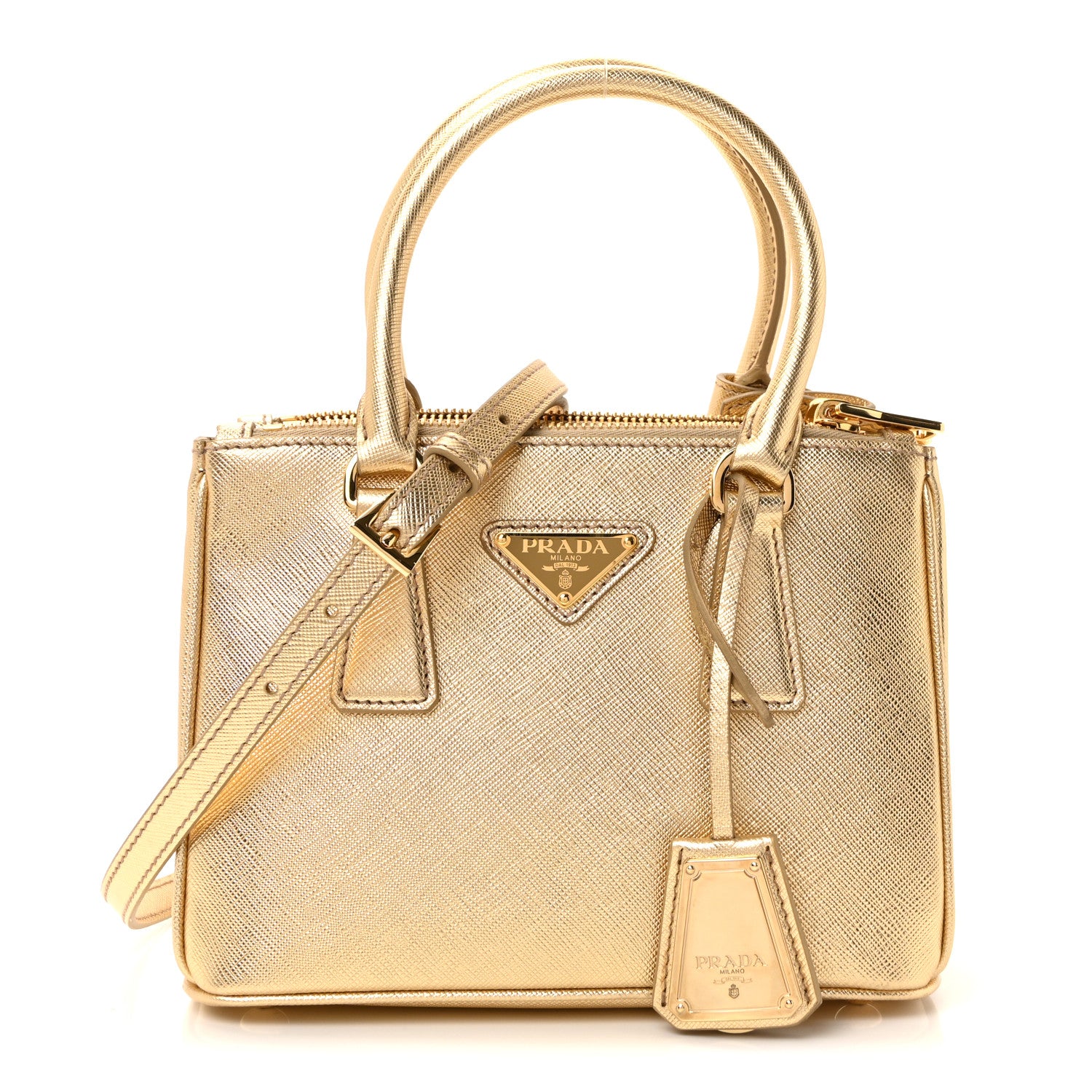 Prada Metallic Saffiano Lux Mini Galleria Double Zip Tote Platino