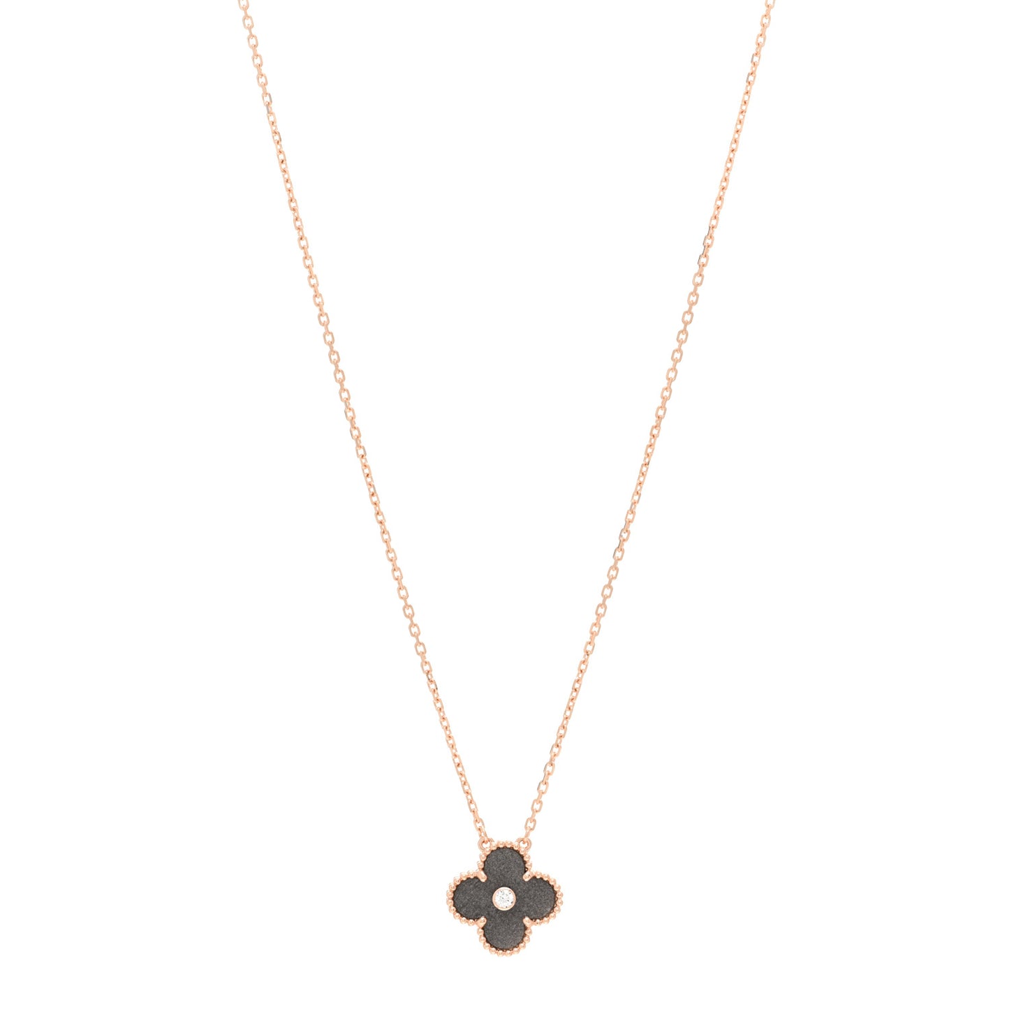 18K Rose Gold Diamond Silver Obsidian Vintage Alhambra Pendant Necklace