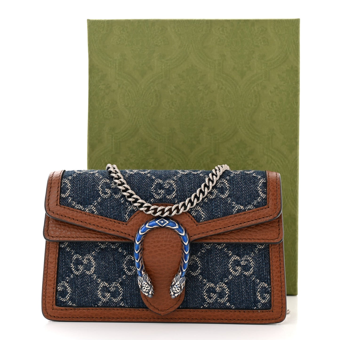 New Denim GG Monogram Dollar Calfskin Enamel Super Mini Dionysus Shoulder Bag Blue Tea Cuir Epilog Electric Blue