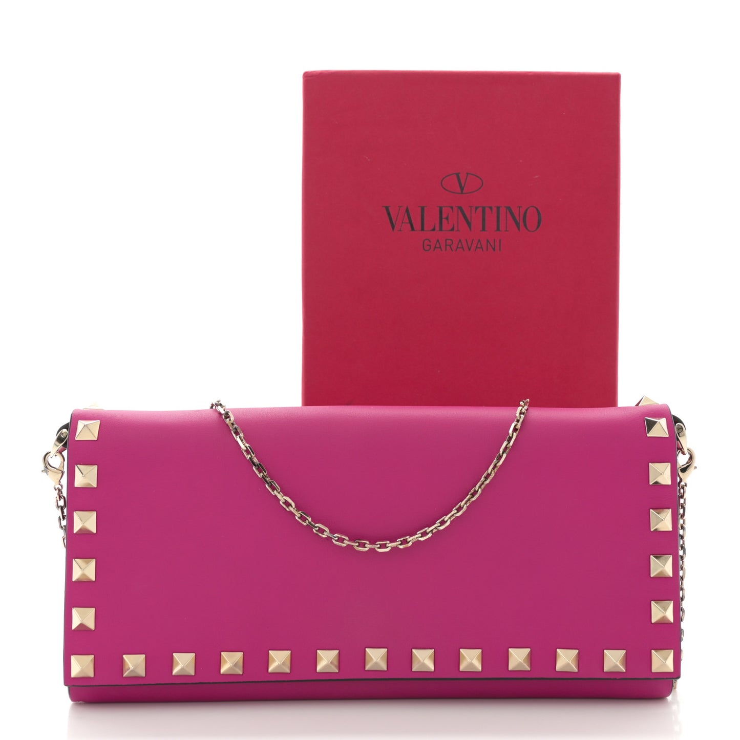 Calfskin Rockstud Flap Wallet On Chain Fuxia
