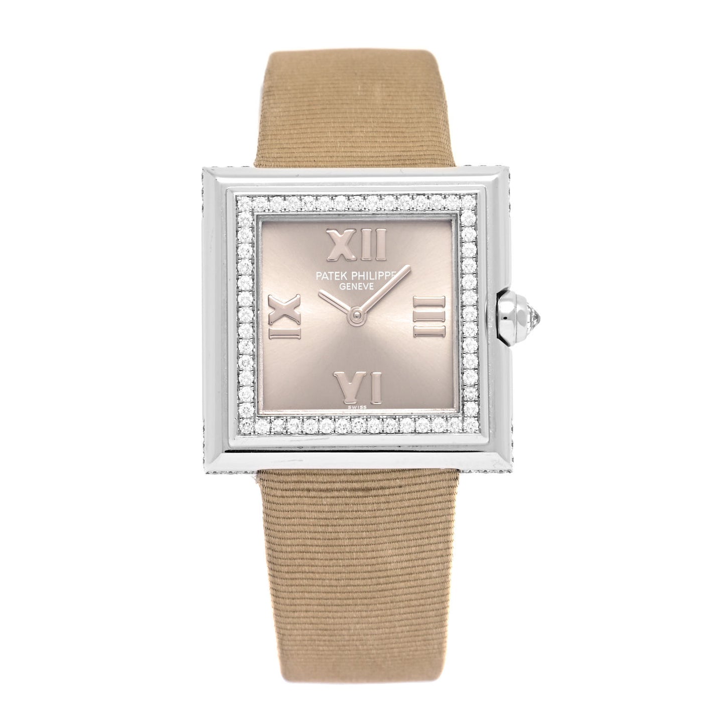 18K White Gold Satin Diamond Bezel Lady Gondolo Quartz Watch Champagne 4868G-001