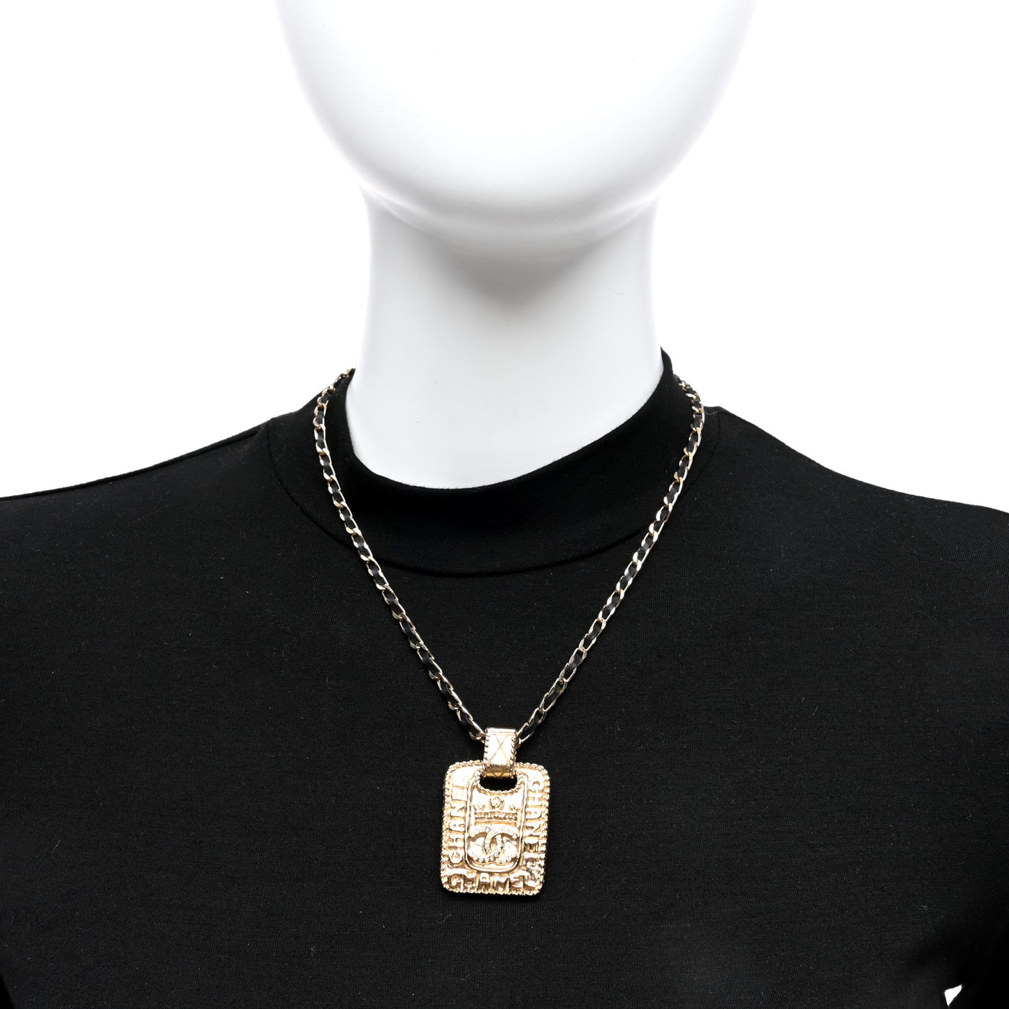 Lambskin Crystal CC Medallion Necklace Gold Black