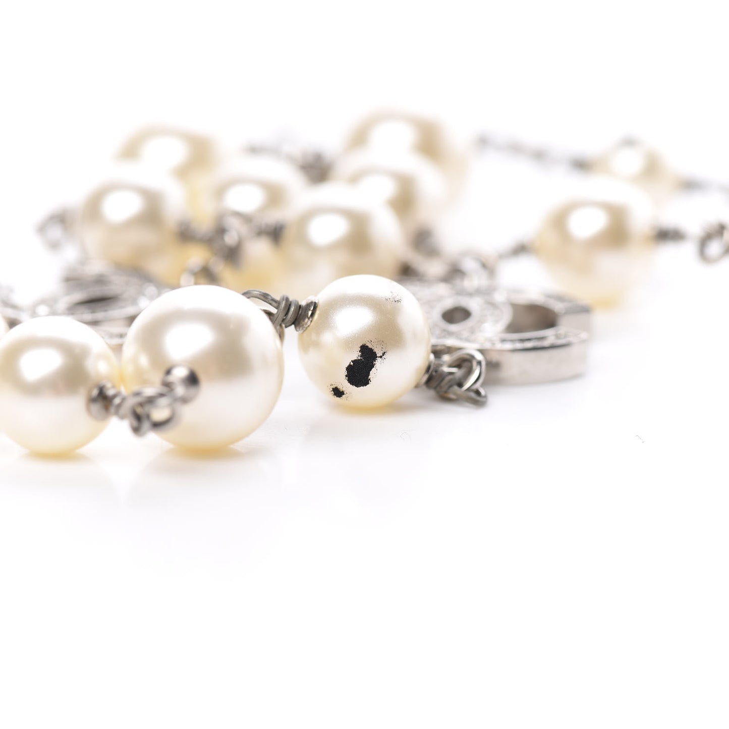 Crystal Pearl CC Long Necklace Silver