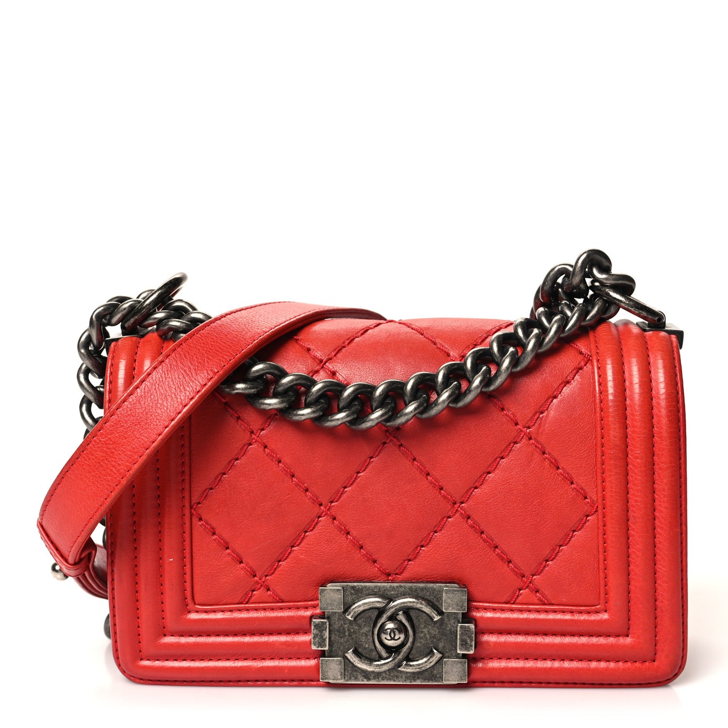 Calfskin Double Stitch Small Boy Flap Red