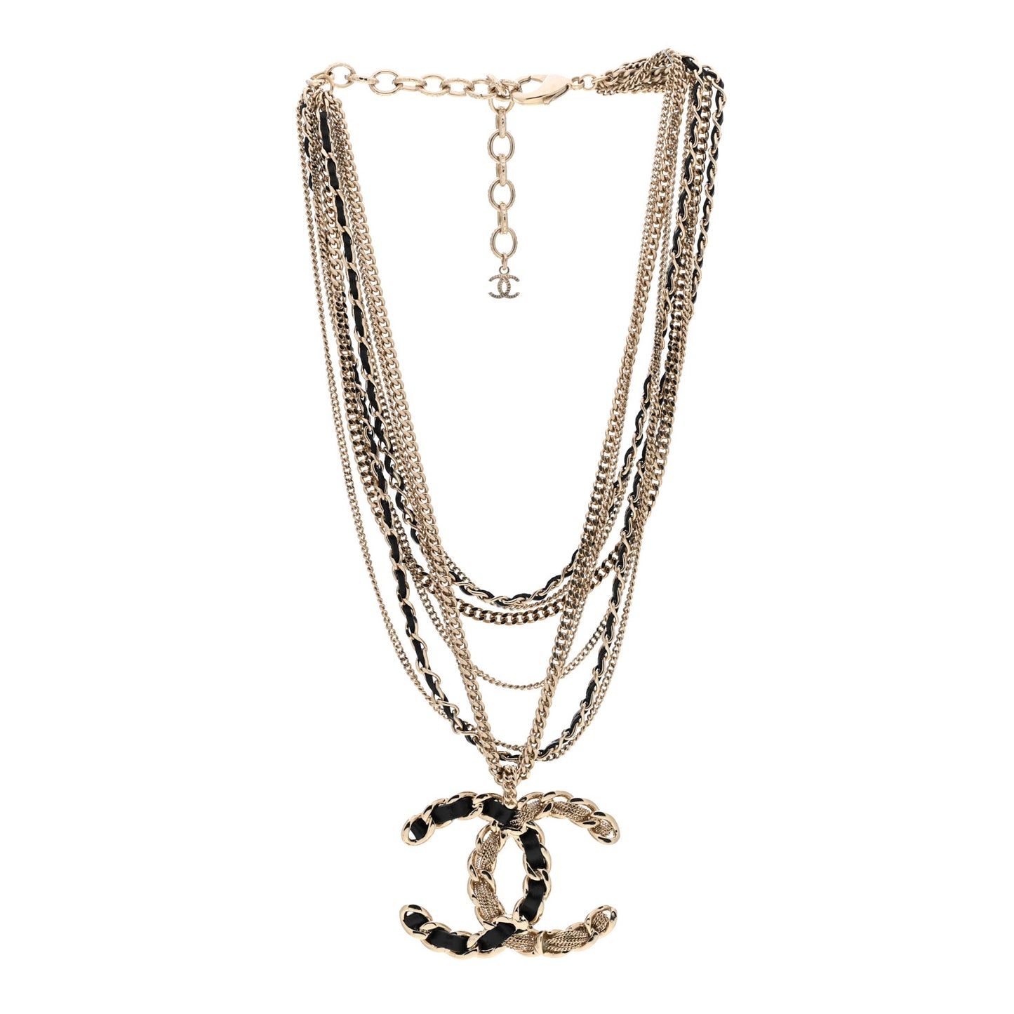 Lambskin Chain CC Multi Strand Necklace Gold Black