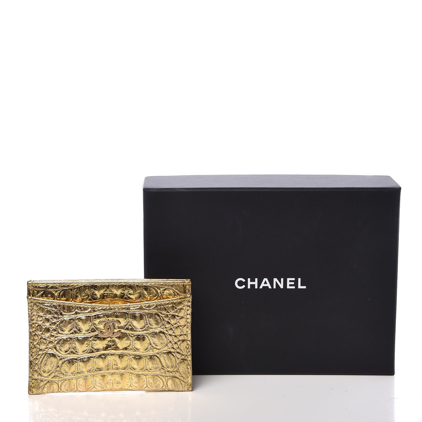 Metallic Calfskin Crocodile Embossed Cocodile Card Holder Gold