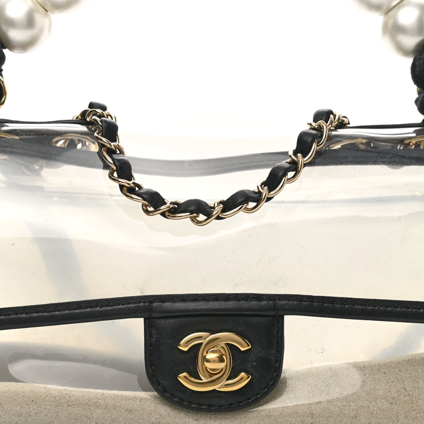 Lambskin PVC Sand By The Sea Flap With Pearl Strap Black
